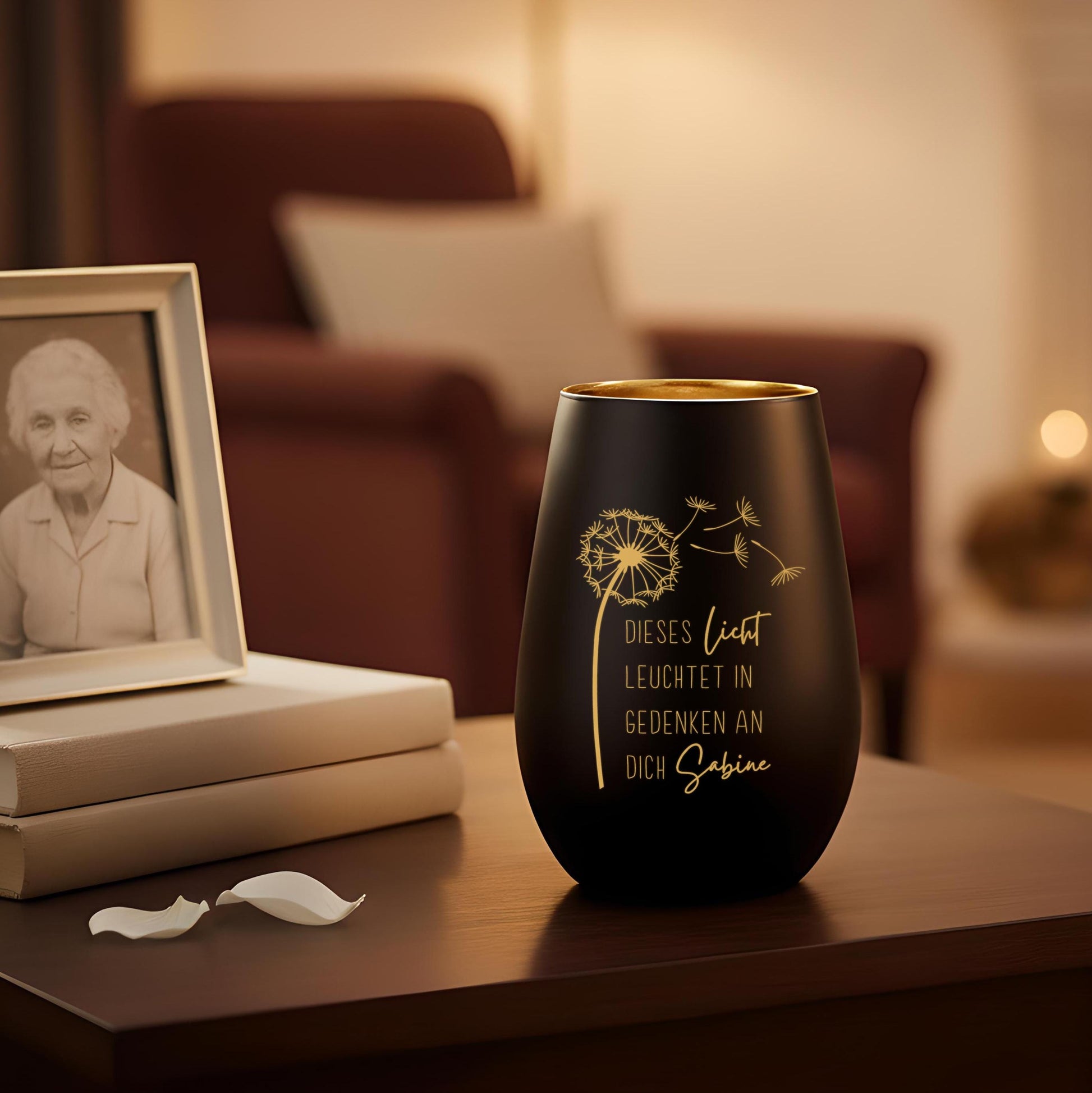 Trauerlicht Trauerkerze personalisiert Windlicht mit Gravur aus Glas Trauer Geschenk Trauergeschenk Verstorbene Erinnerung (Schwarz)