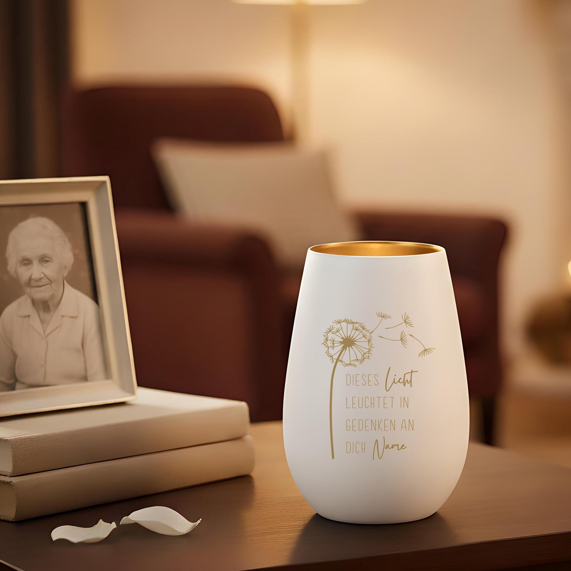 Trauerlicht Trauerkerze personalisiert Windlicht mit Gravur aus Glas Trauer Geschenk Trauergeschenk Verstorbene Erinnerung (Weiß)