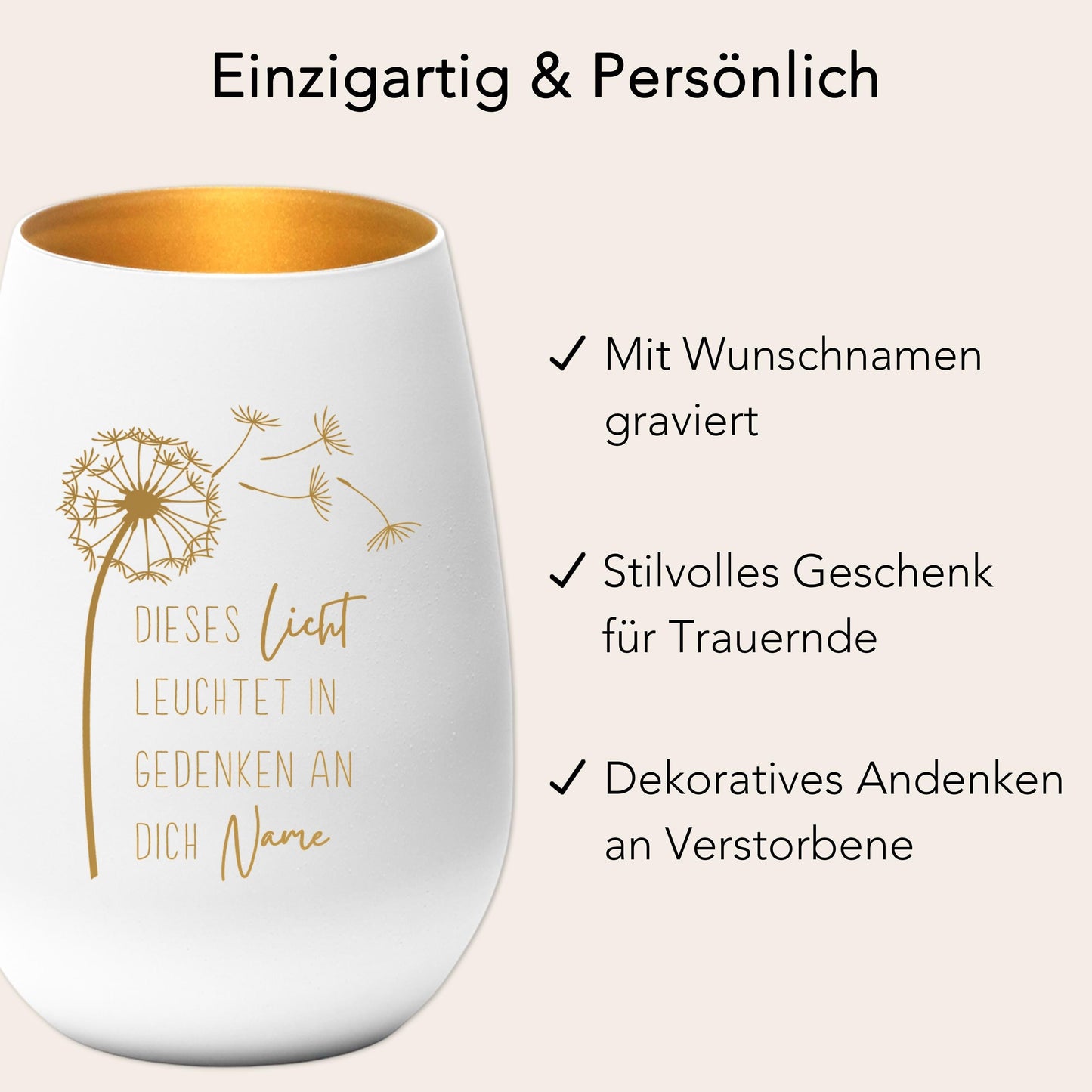Trauerlicht Trauerkerze personalisiert Windlicht mit Gravur aus Glas Trauer Geschenk Trauergeschenk Verstorbene Erinnerung (Weiß)