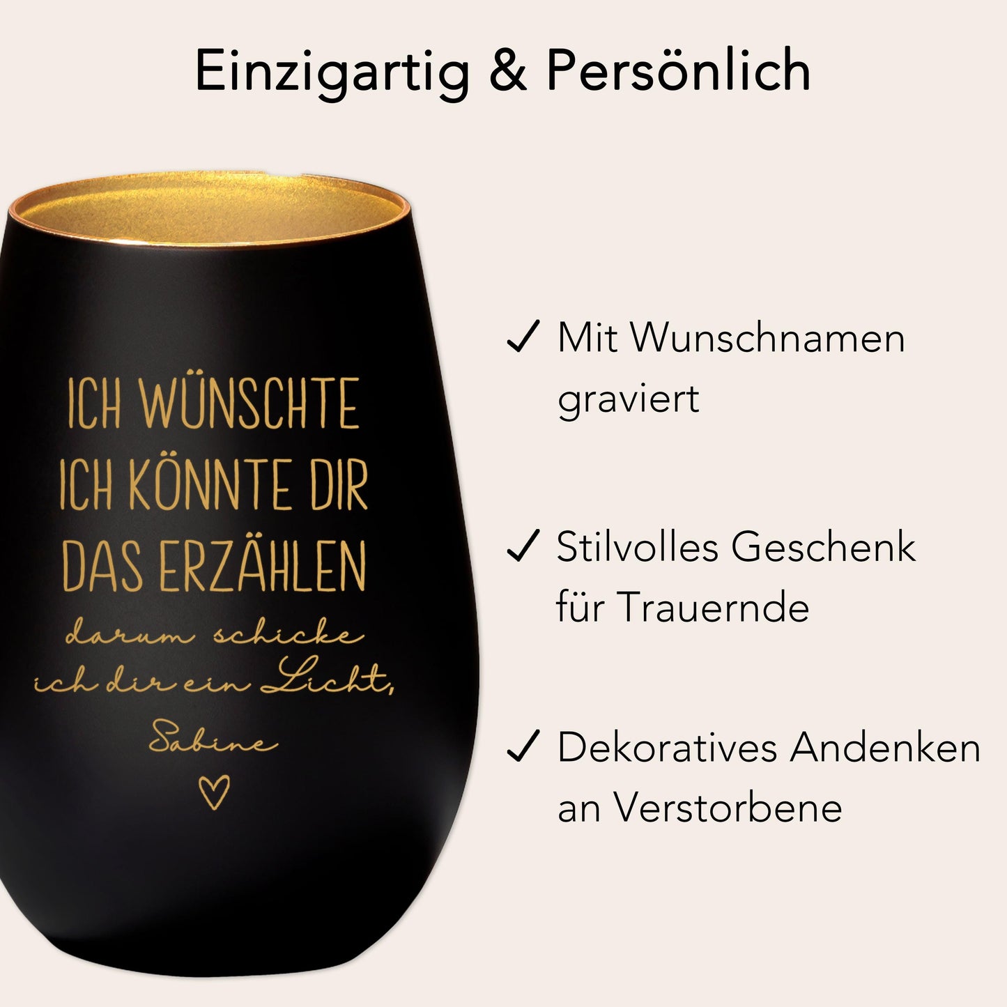 Trauergeschenk Trauerkerze personalisiert Andenken an Verstorbene Windlicht Trauer Geschenk für Hinterbliebene Trauerlicht (Schwarz)
