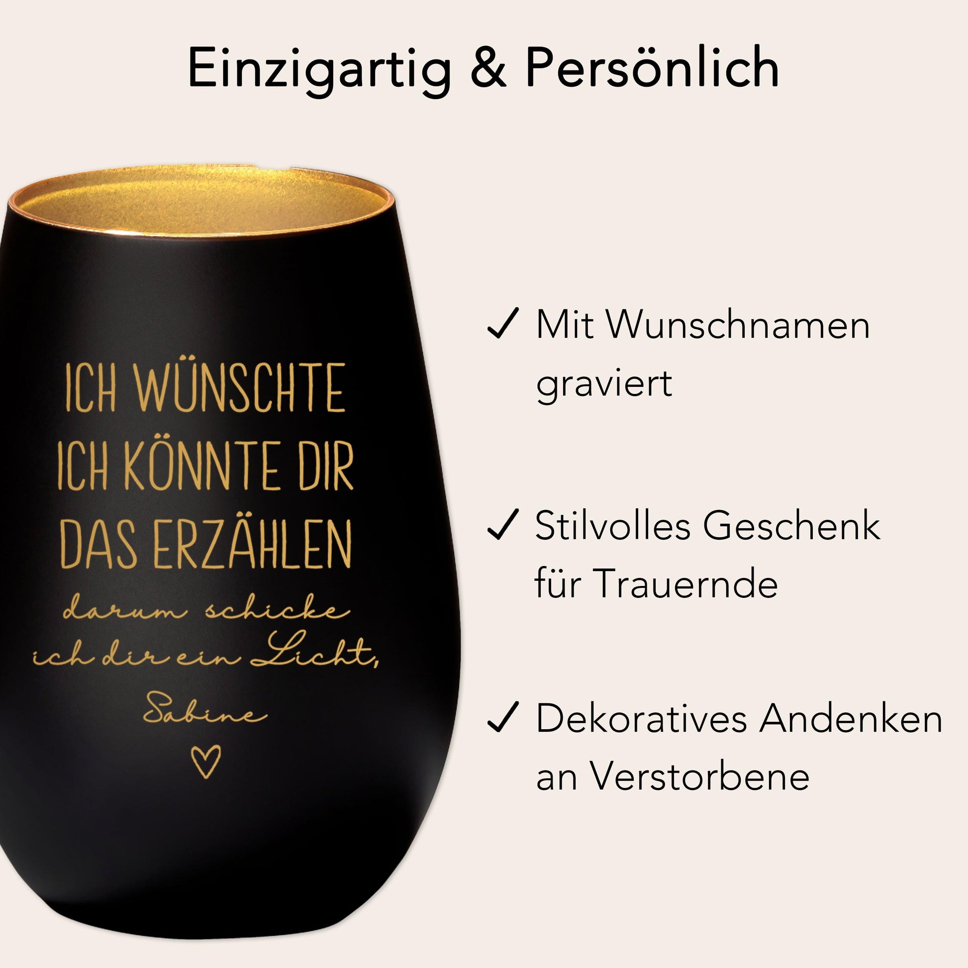 Trauergeschenk Trauerkerze personalisiert Andenken an Verstorbene Windlicht Trauer Geschenk für Hinterbliebene Trauerlicht (Schwarz)
