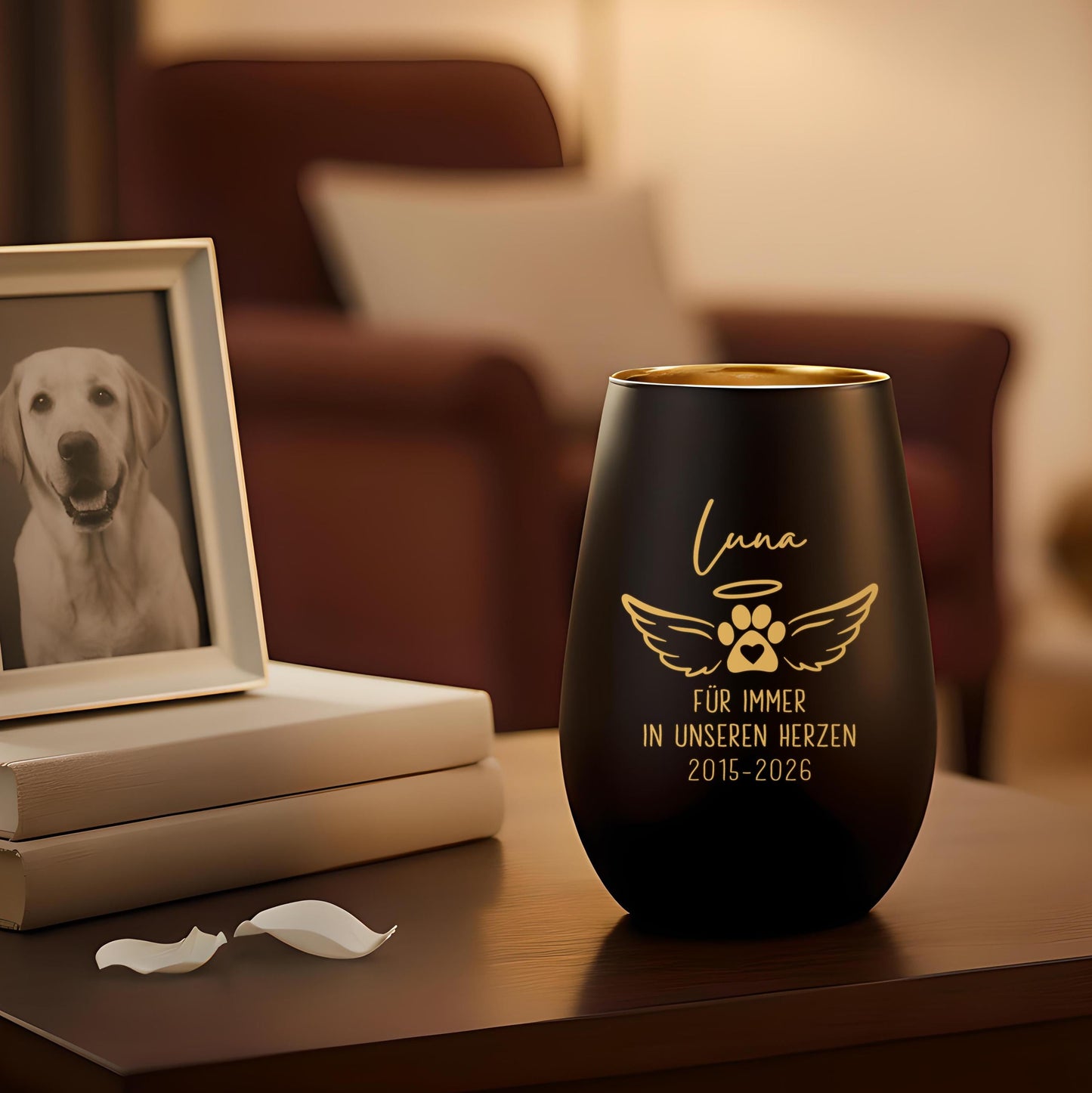 Andenken an verstorbenen Hund Windlicht Trauergeschenk Hunde Trauerlicht personalisiert Trauer Geschenk zur Erinnerung (Schwarz)