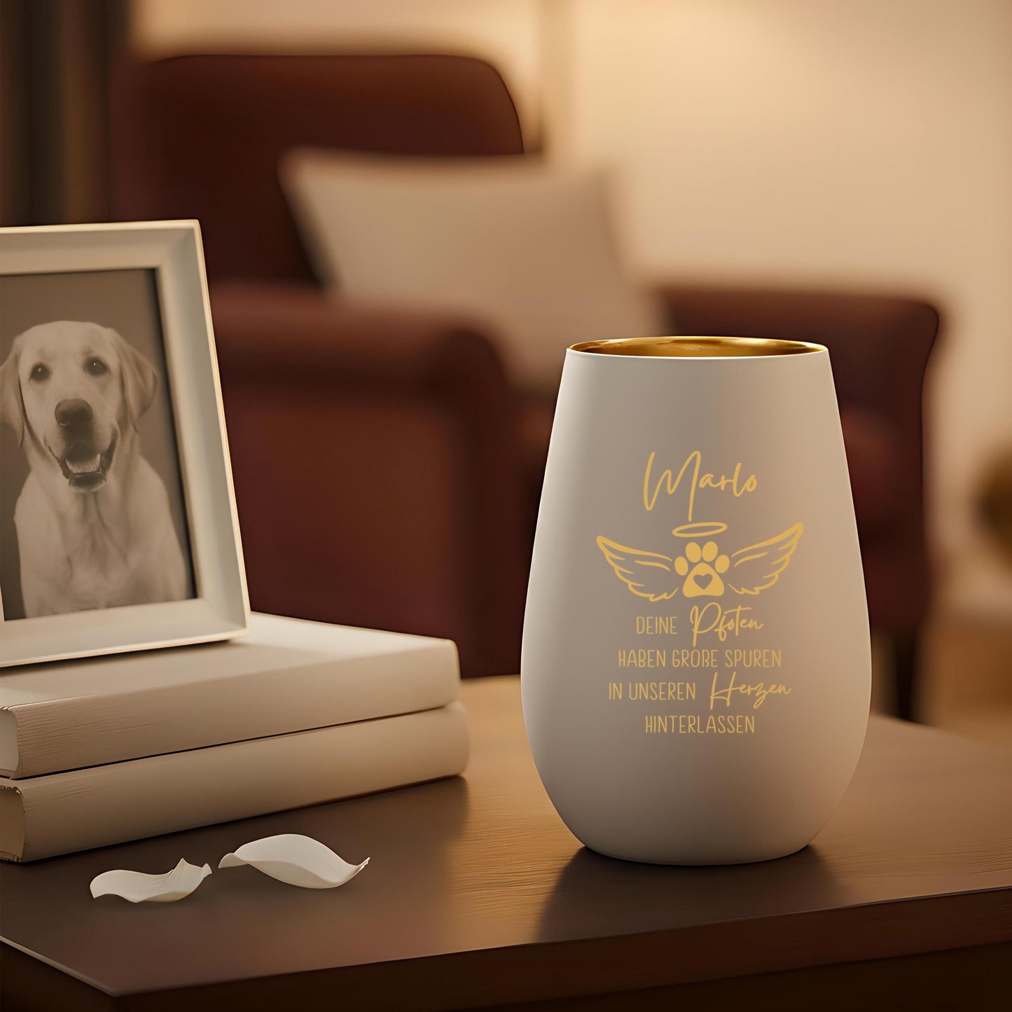 Andenken an verstorbenen Hund Trauergeschenk personalisiert Windlicht Trauer Geschenk zur Erinnerung Hunde Trauerlicht Gedenkkerze (Weiß)