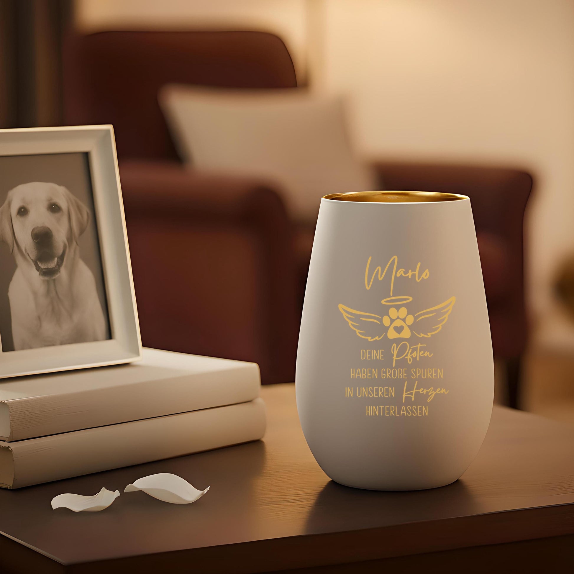 Andenken an verstorbenen Hund Trauergeschenk personalisiert Windlicht Trauer Geschenk zur Erinnerung Hunde Trauerlicht Gedenkkerze (Weiß)