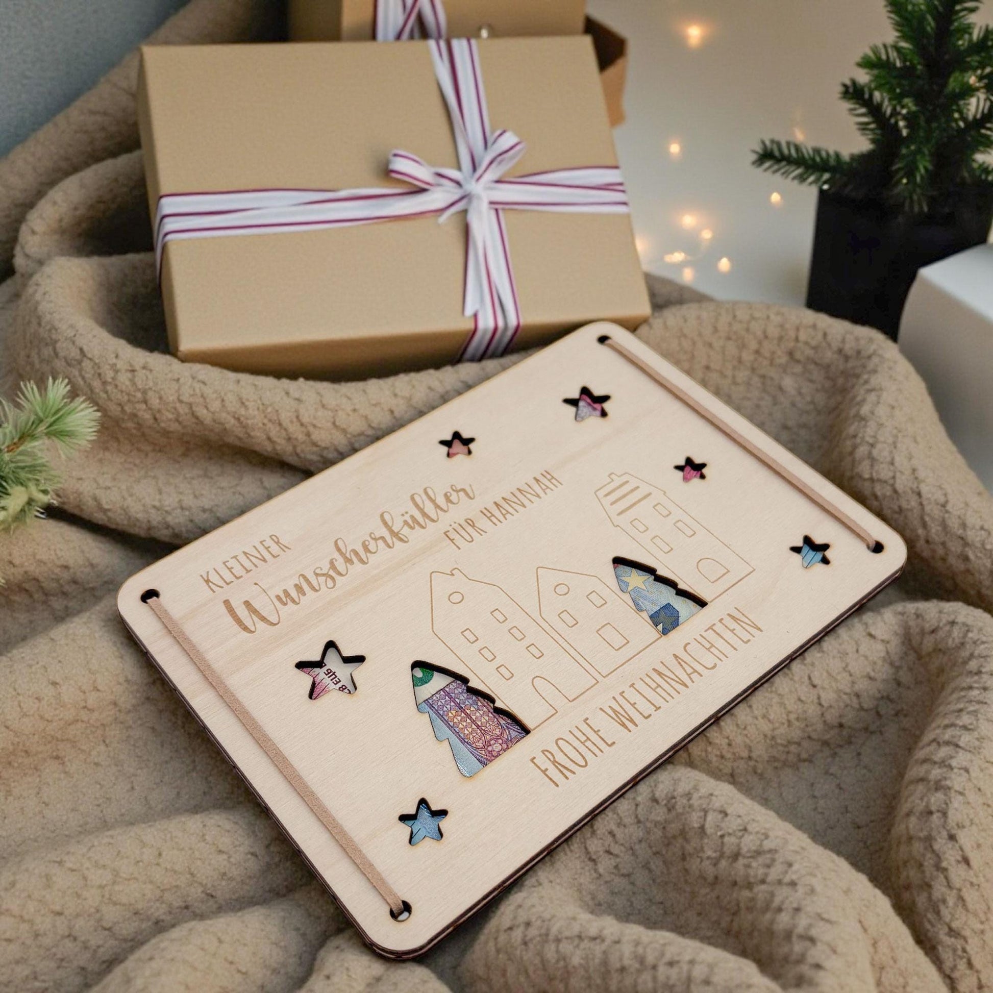 Geldgeschenk Weihnachten Wunscherfüller personalisiert Weihnachtsgeld Verpackung Geschenkkarte Weihnachtskarte aus Holz 12x17 cm