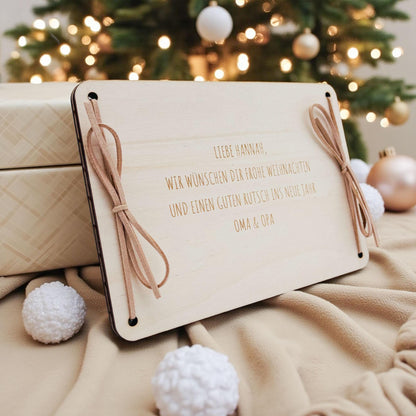 Geldgeschenk Weihnachten Wunscherfüller personalisiert Weihnachtsgeld Verpackung Geschenkkarte Weihnachtskarte aus Holz 12x17 cm