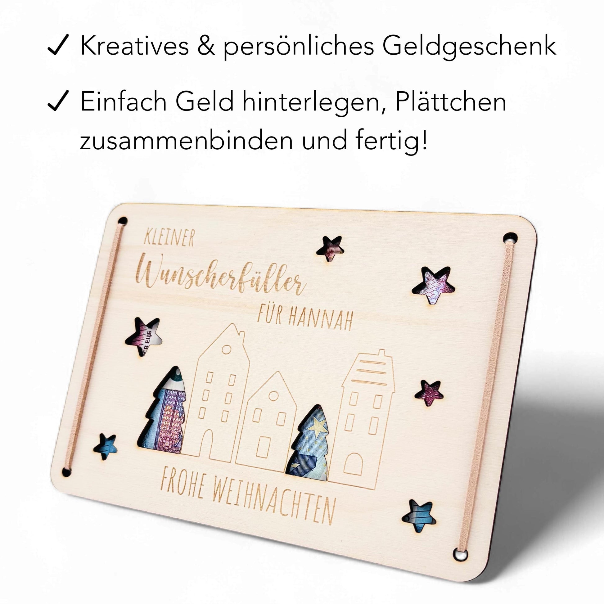 Geldgeschenk Weihnachten Wunscherfüller personalisiert Weihnachtsgeld Verpackung Geschenkkarte Weihnachtskarte aus Holz 12x17 cm