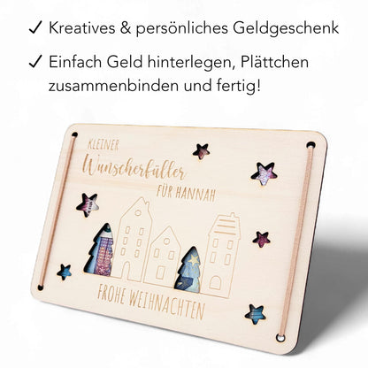 Geldgeschenk Weihnachten Wunscherfüller personalisiert Weihnachtsgeld Verpackung Geschenkkarte Weihnachtskarte aus Holz 12x17 cm