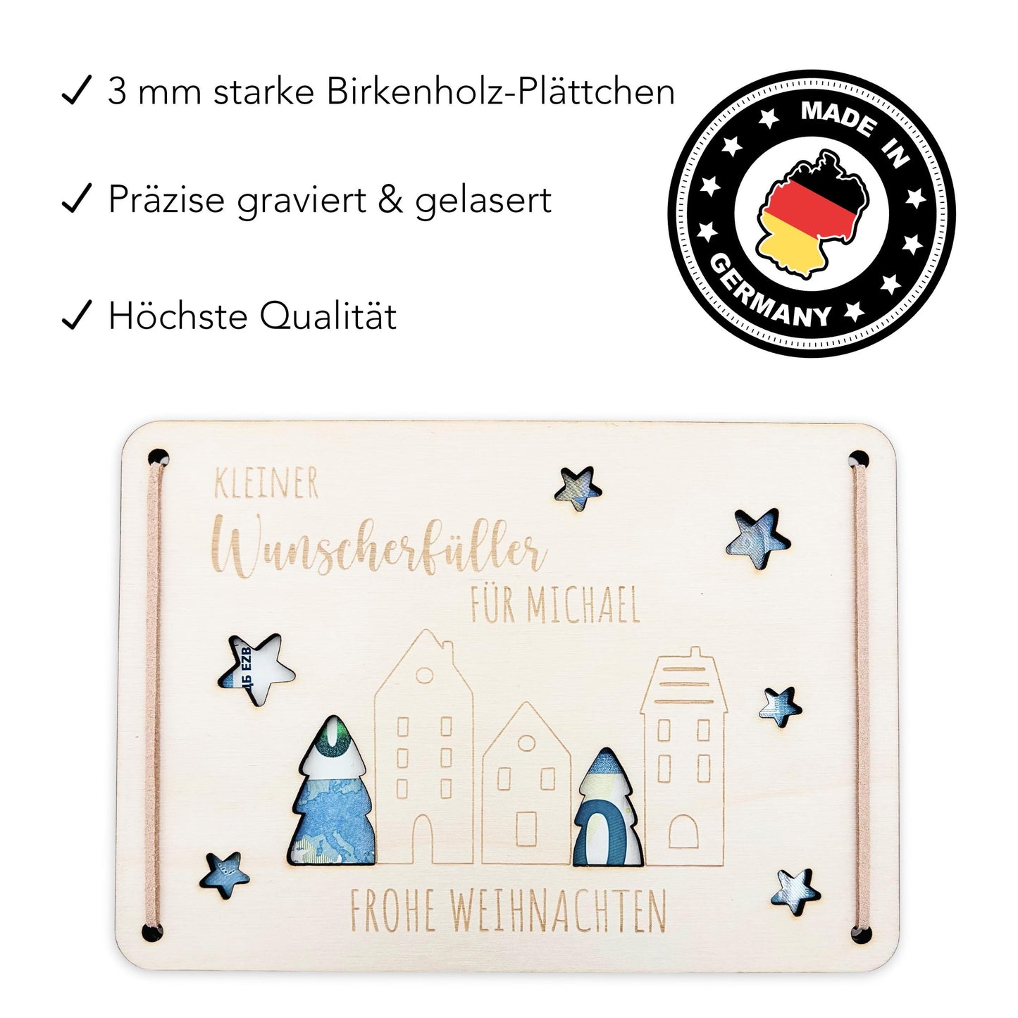 Geldgeschenk Weihnachten Wunscherfüller personalisiert Weihnachtsgeld Verpackung Geschenkkarte Weihnachtskarte aus Holz 12x17 cm