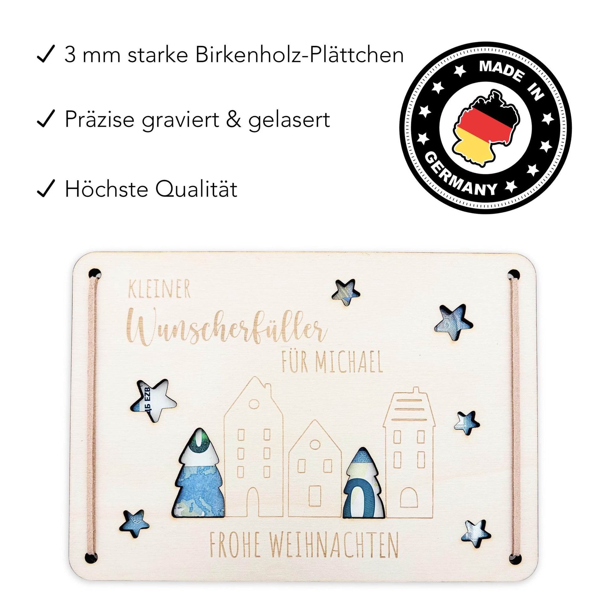 Geldgeschenk Weihnachten Wunscherfüller personalisiert Weihnachtsgeld Verpackung Geschenkkarte Weihnachtskarte aus Holz 12x17 cm