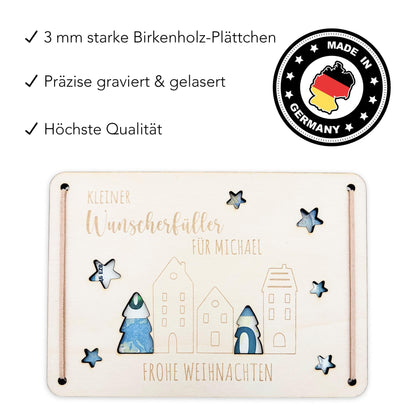 Geldgeschenk Weihnachten Wunscherfüller personalisiert Weihnachtsgeld Verpackung Geschenkkarte Weihnachtskarte aus Holz 12x17 cm