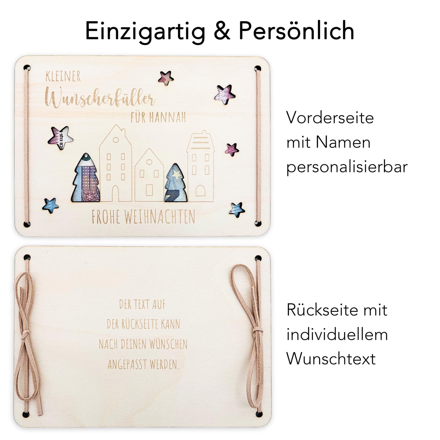 Geldgeschenk Weihnachten Wunscherfüller personalisiert Weihnachtsgeld Verpackung Geschenkkarte Weihnachtskarte aus Holz 12x17 cm
