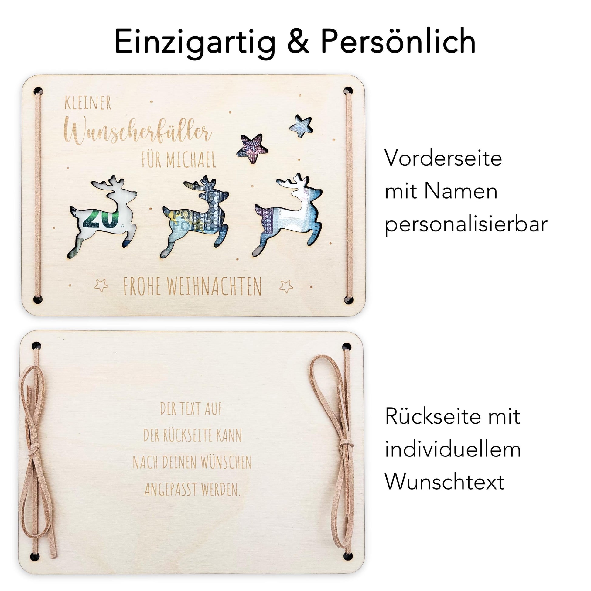 Geldgeschenk Weihnachten personalisiert Weihnachtsgeld Verpackung Wunscherfüller Geschenkkarte Weihnachtskarte aus Holz 12x17 cm