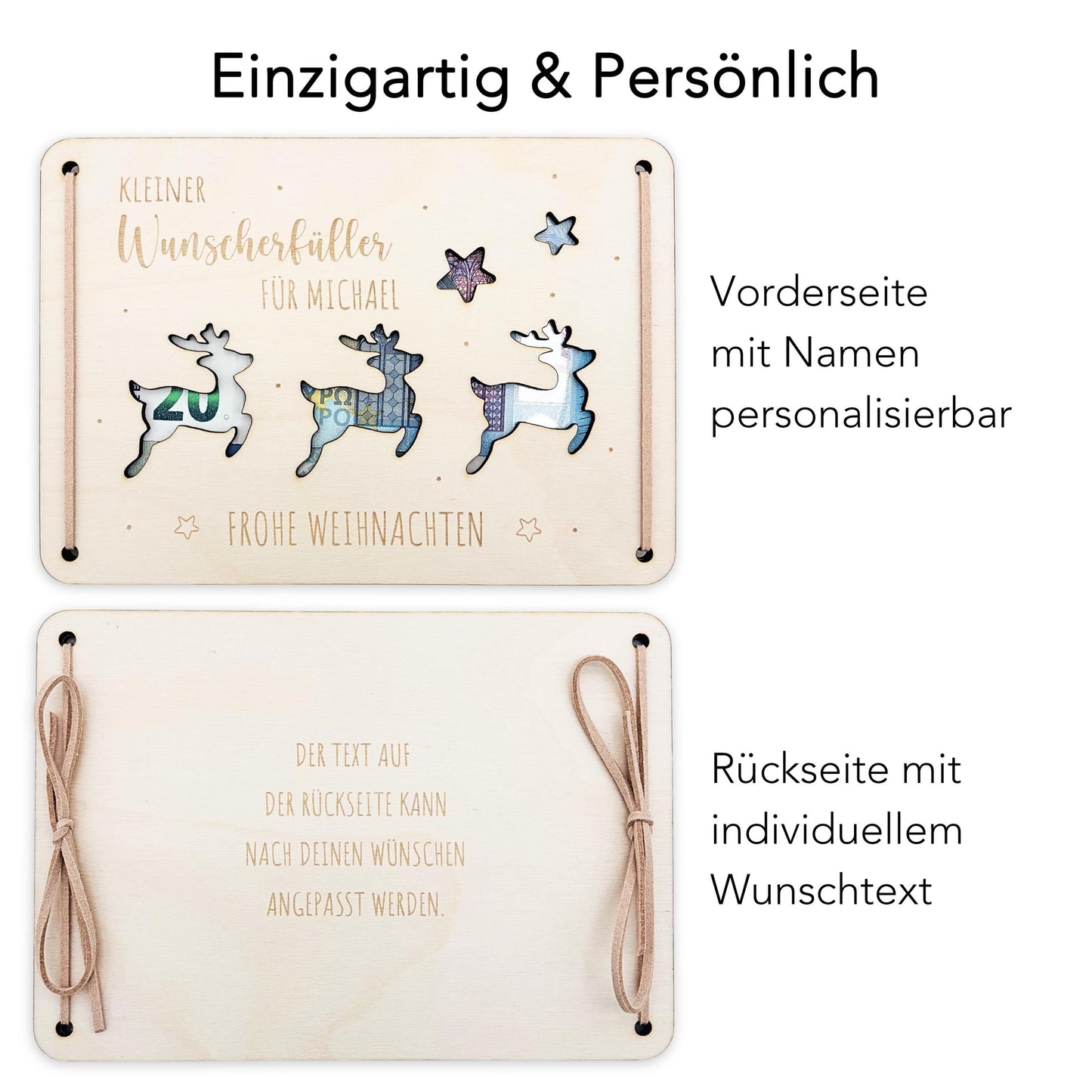 Geldgeschenk Weihnachten personalisiert Weihnachtsgeld Verpackung Wunscherfüller Geschenkkarte Weihnachtskarte aus Holz 12x17 cm