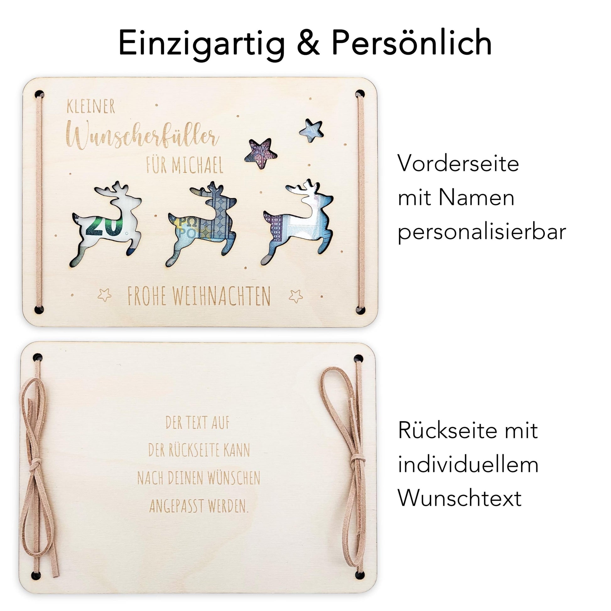 Geldgeschenk Weihnachten personalisiert Weihnachtsgeld Verpackung Wunscherfüller Geschenkkarte Weihnachtskarte aus Holz 12x17 cm