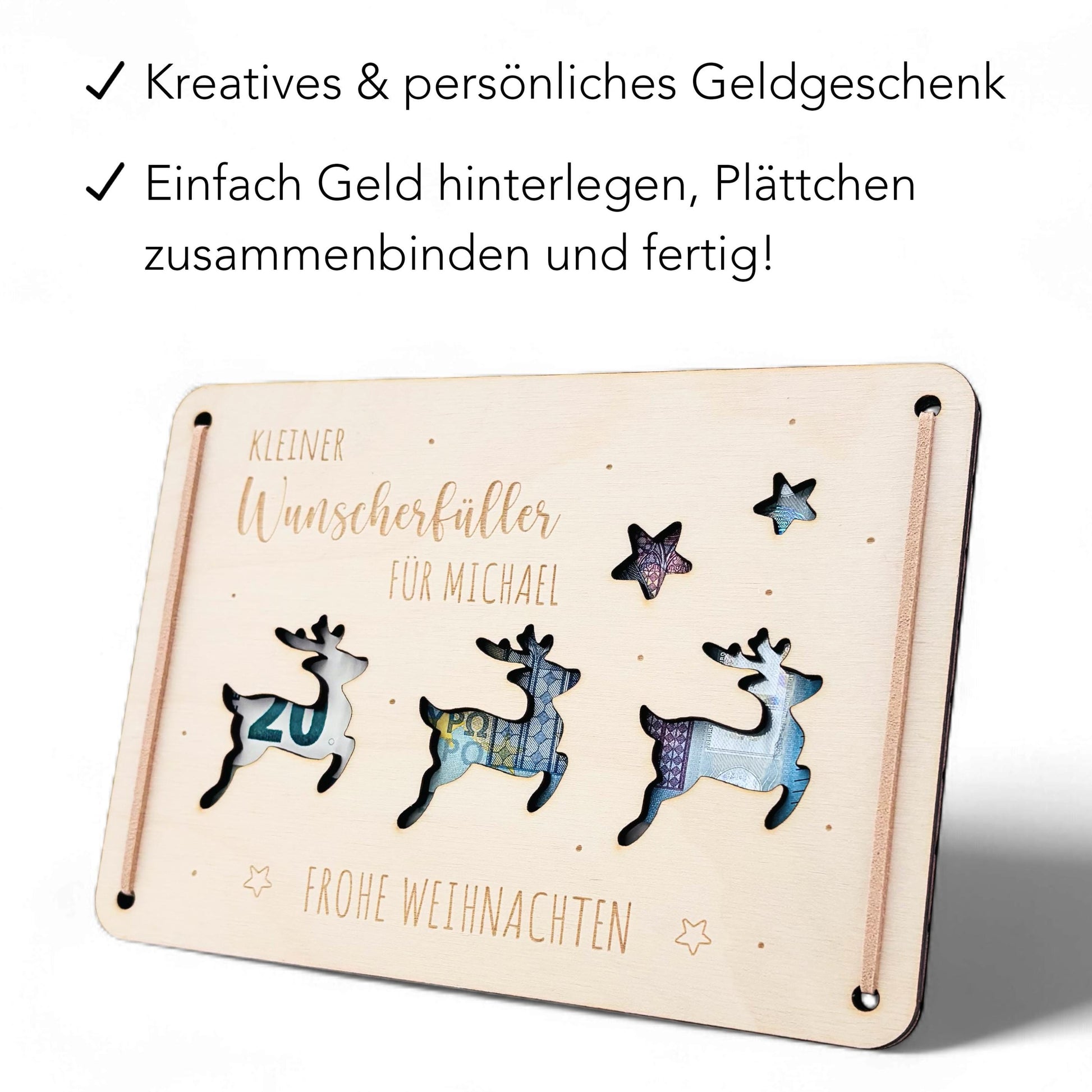 Geldgeschenk Weihnachten personalisiert Weihnachtsgeld Verpackung Wunscherfüller Geschenkkarte Weihnachtskarte aus Holz 12x17 cm