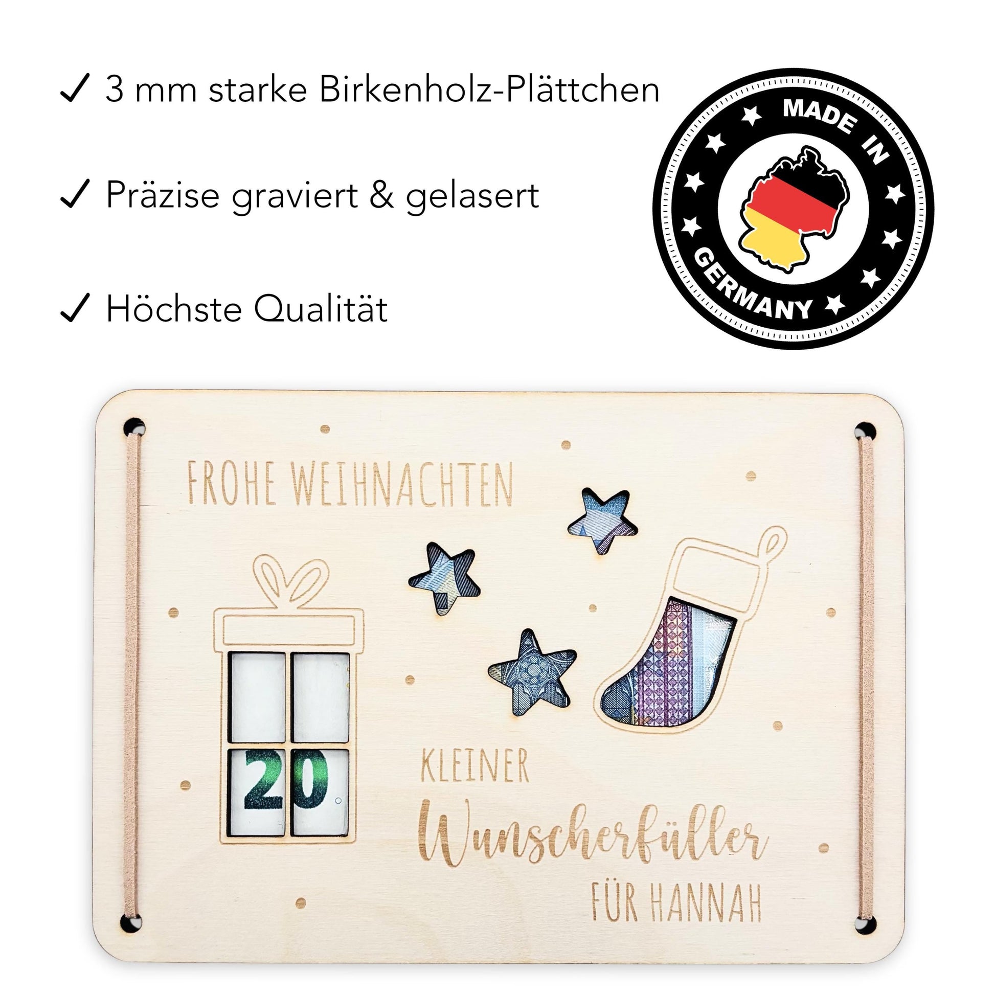 Weihnachten Geldgeschenk personalisiert Wunscherfüller Weihnachtsgeld Verpackung Geschenkkarte Weihnachtskarte aus Holz 12x17 cm