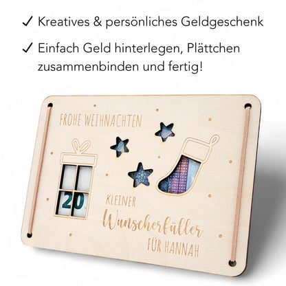 Weihnachten Geldgeschenk personalisiert Wunscherfüller Weihnachtsgeld Verpackung Geschenkkarte Weihnachtskarte aus Holz 12x17 cm