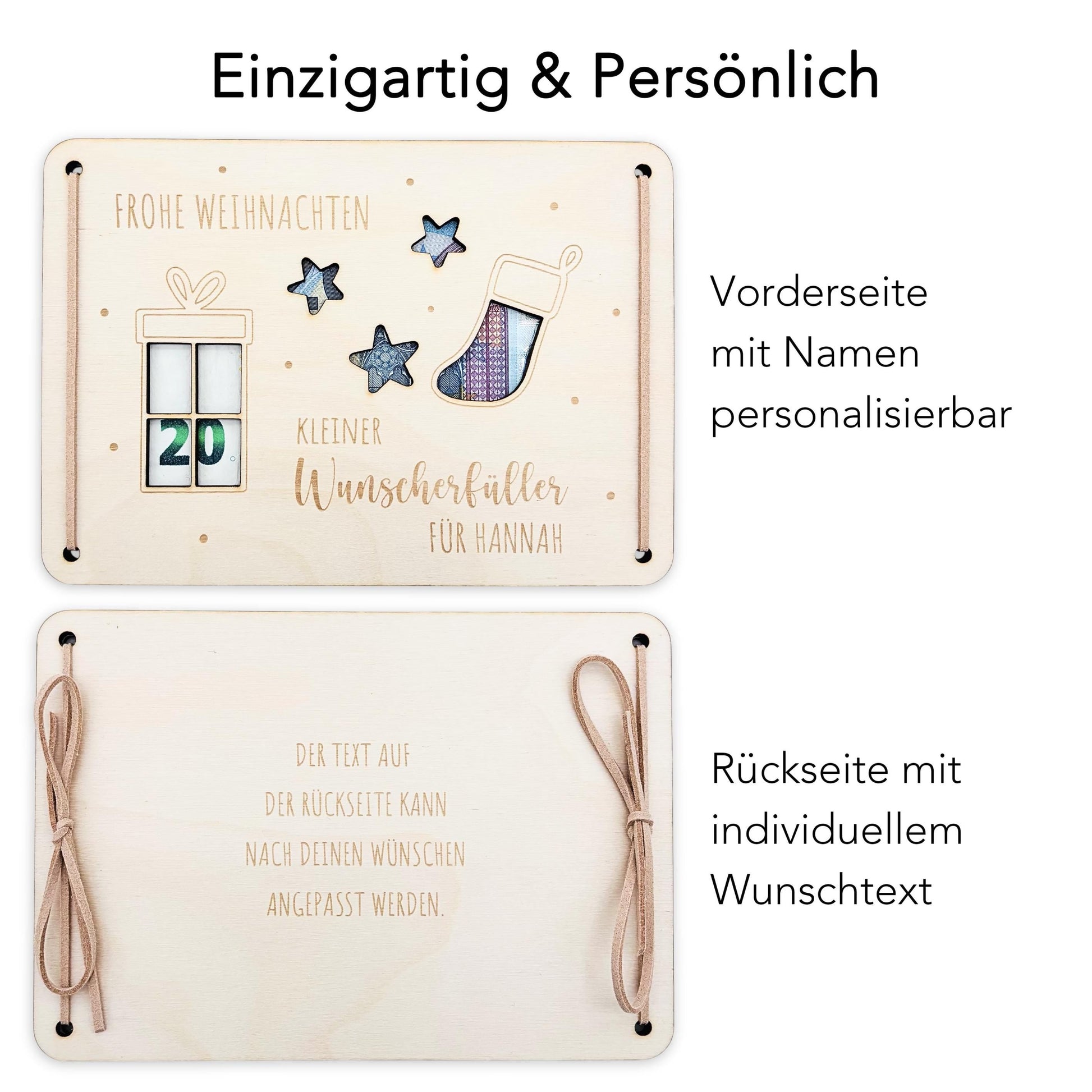 Weihnachten Geldgeschenk personalisiert Wunscherfüller Weihnachtsgeld Verpackung Geschenkkarte Weihnachtskarte aus Holz 12x17 cm