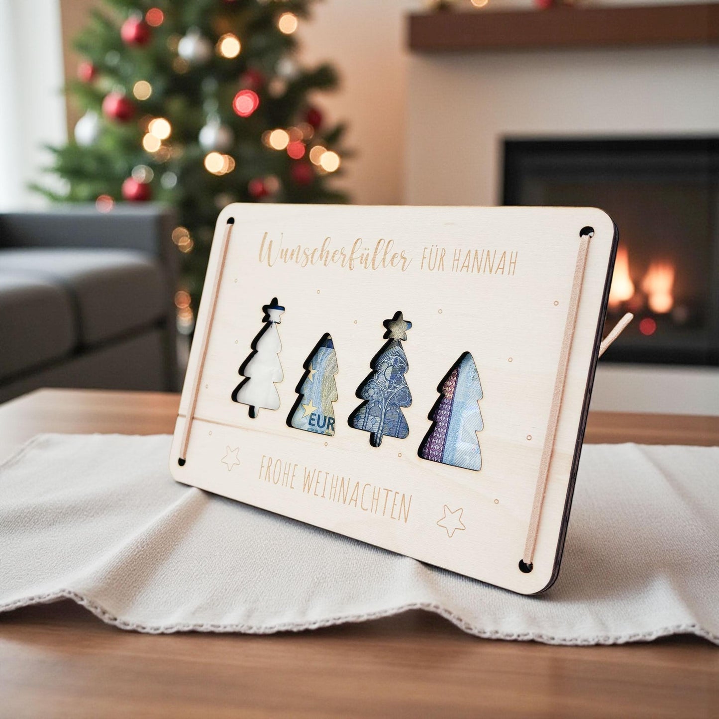 Weihnachten Wunscherfüller personalisiert Geldgeschenk Weihnachtsgeld Verpackung Geschenkkarte Weihnachtskarte aus Holz 12x17 cm