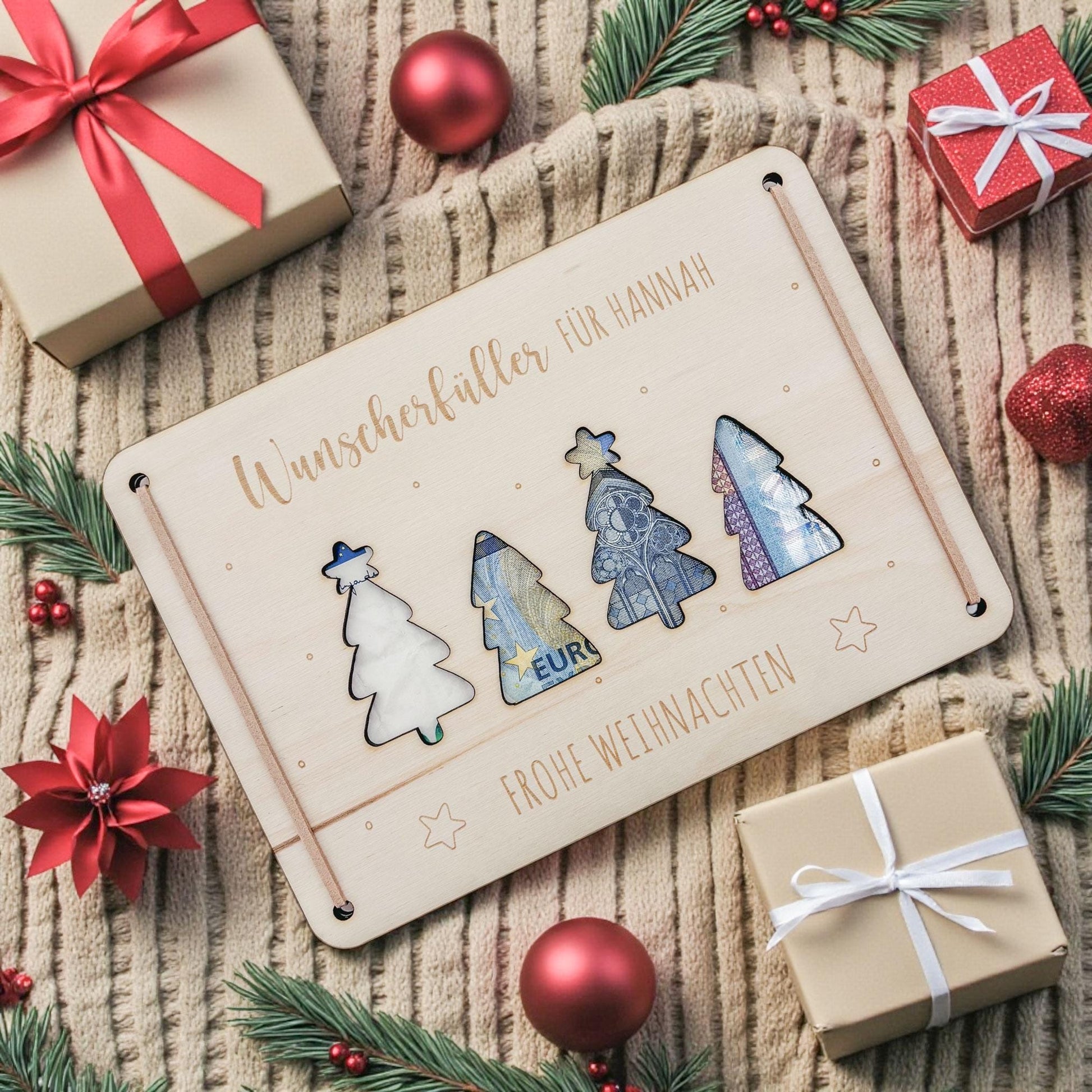 Weihnachten Wunscherfüller personalisiert Geldgeschenk Weihnachtsgeld Verpackung Geschenkkarte Weihnachtskarte aus Holz 12x17 cm