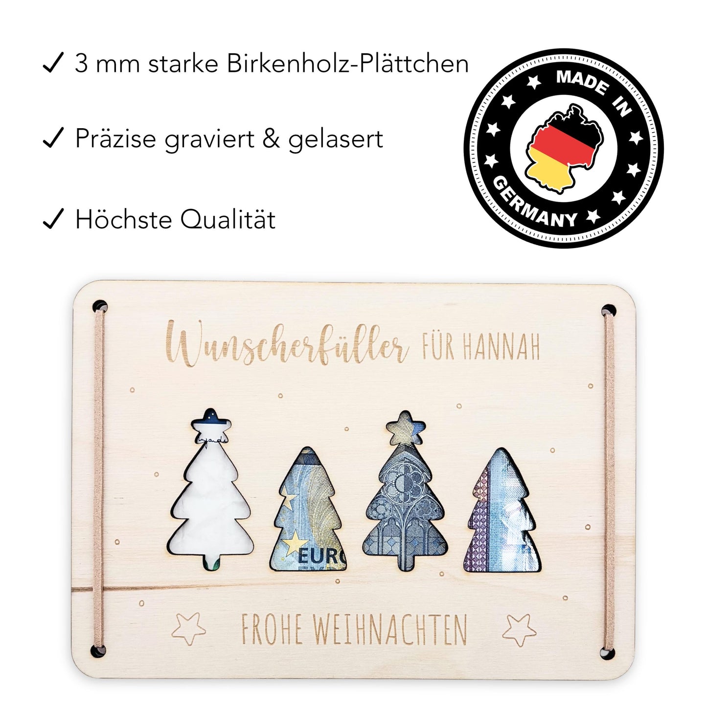 Weihnachten Wunscherfüller personalisiert Geldgeschenk Weihnachtsgeld Verpackung Geschenkkarte Weihnachtskarte aus Holz 12x17 cm