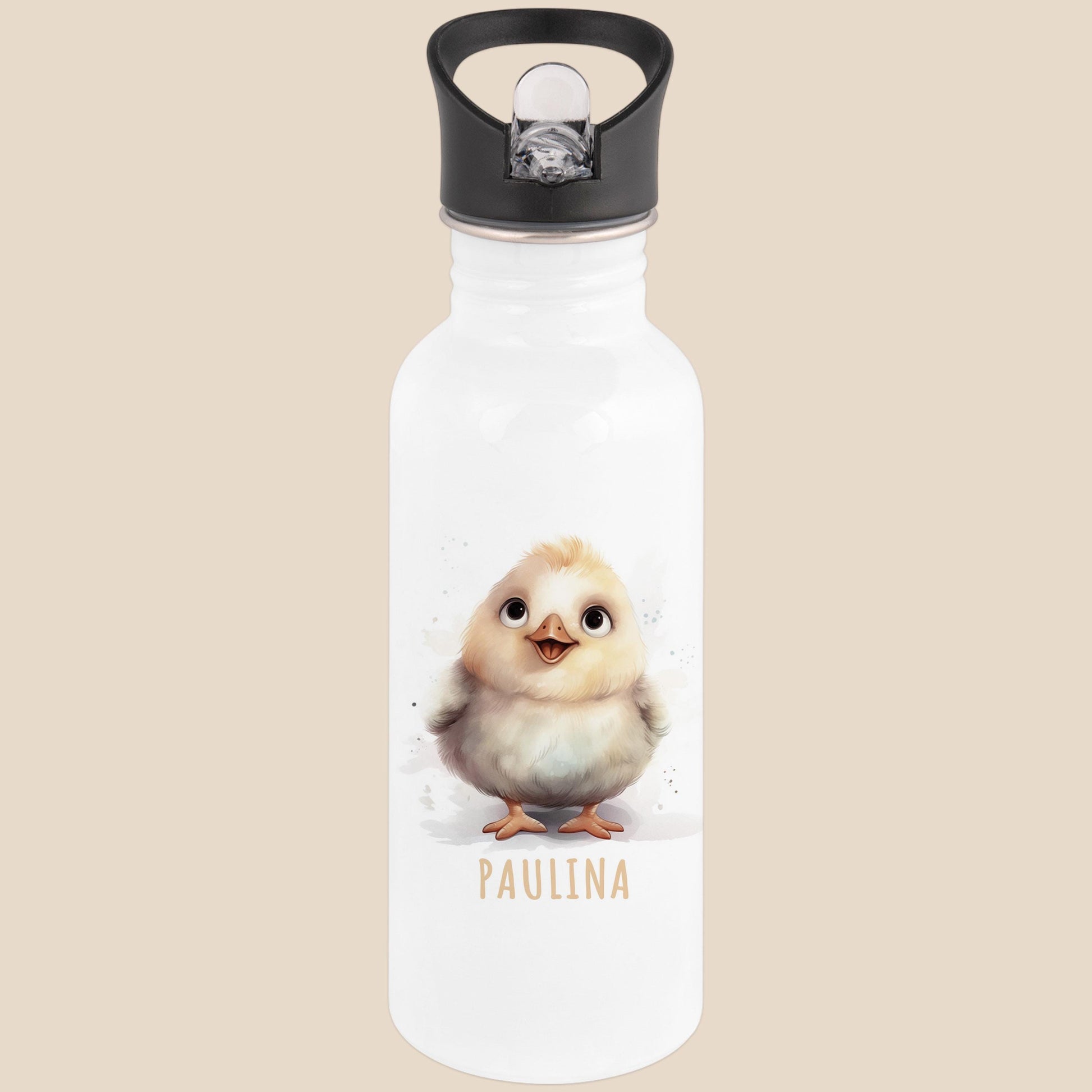 Trinkflasche Kinder personalisiert mit Namen Huhn Edelstahl Flasche mit Strohhalm Wasserflasche für Schule Kindergarten 600 ml