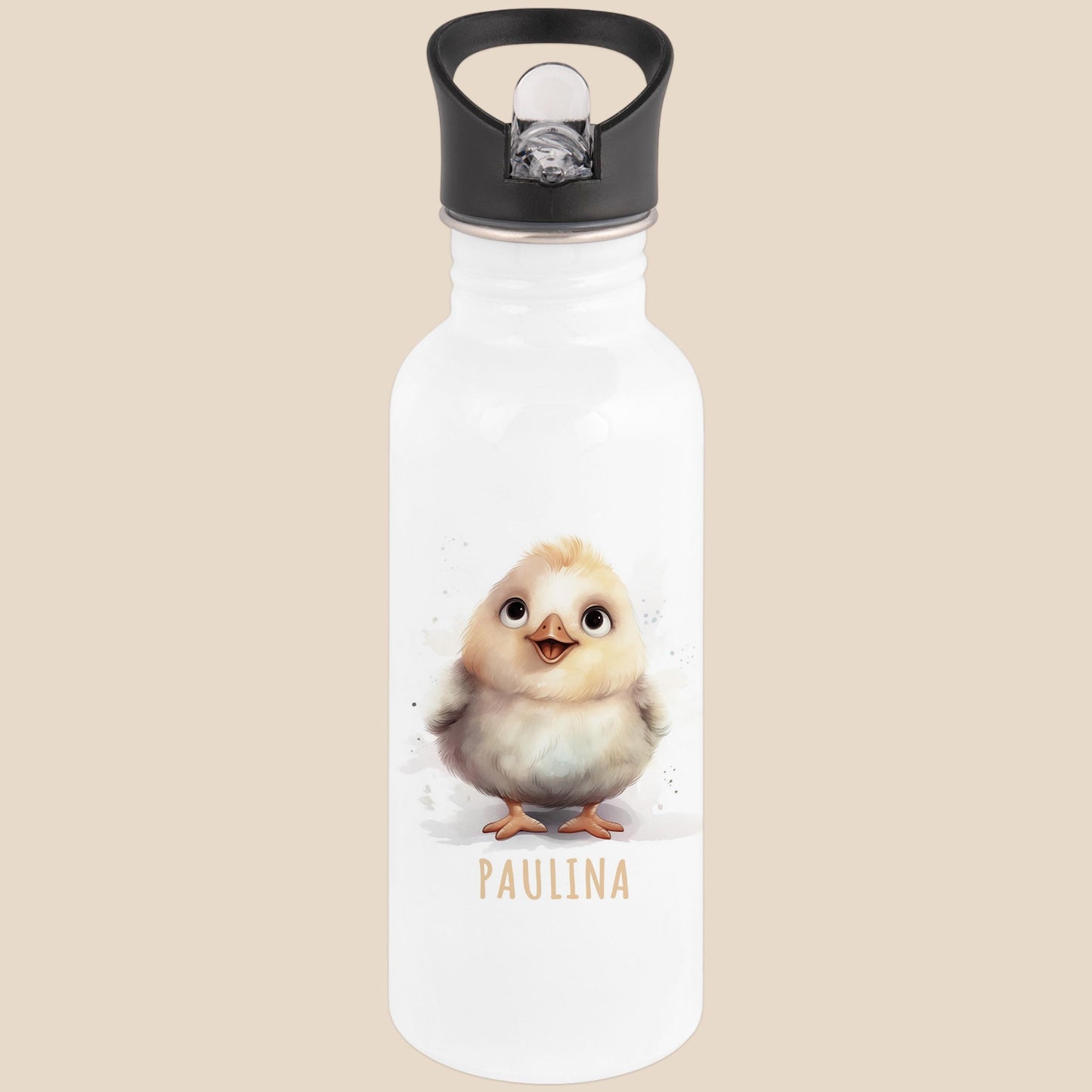 Trinkflasche Kinder personalisiert mit Namen Huhn Edelstahl Flasche mit Strohhalm Wasserflasche für Schule Kindergarten 600 ml