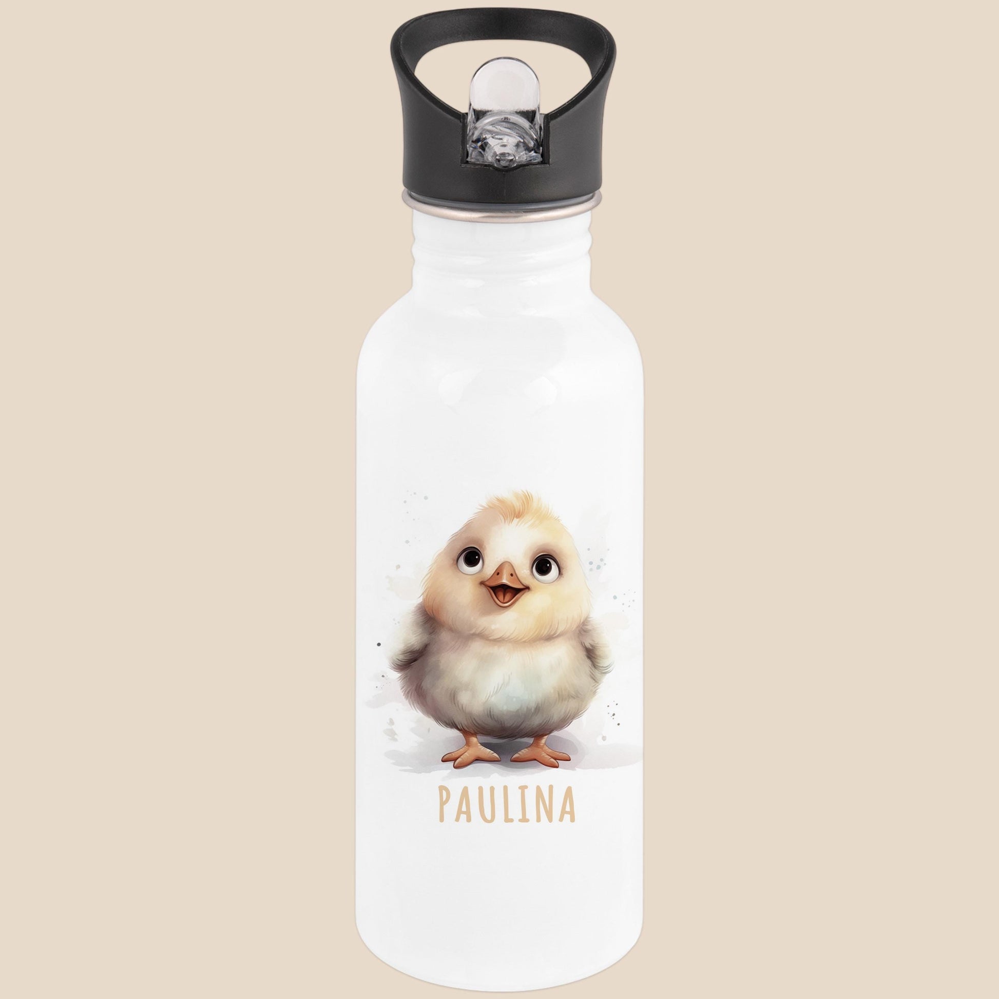 Trinkflasche Kinder personalisiert mit Namen Huhn Edelstahl Flasche mit Strohhalm Wasserflasche für Schule Kindergarten 600 ml