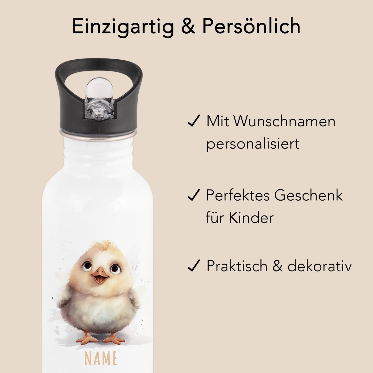 Trinkflasche Kinder personalisiert mit Namen Huhn Edelstahl Flasche mit Strohhalm Wasserflasche für Schule Kindergarten 600 ml