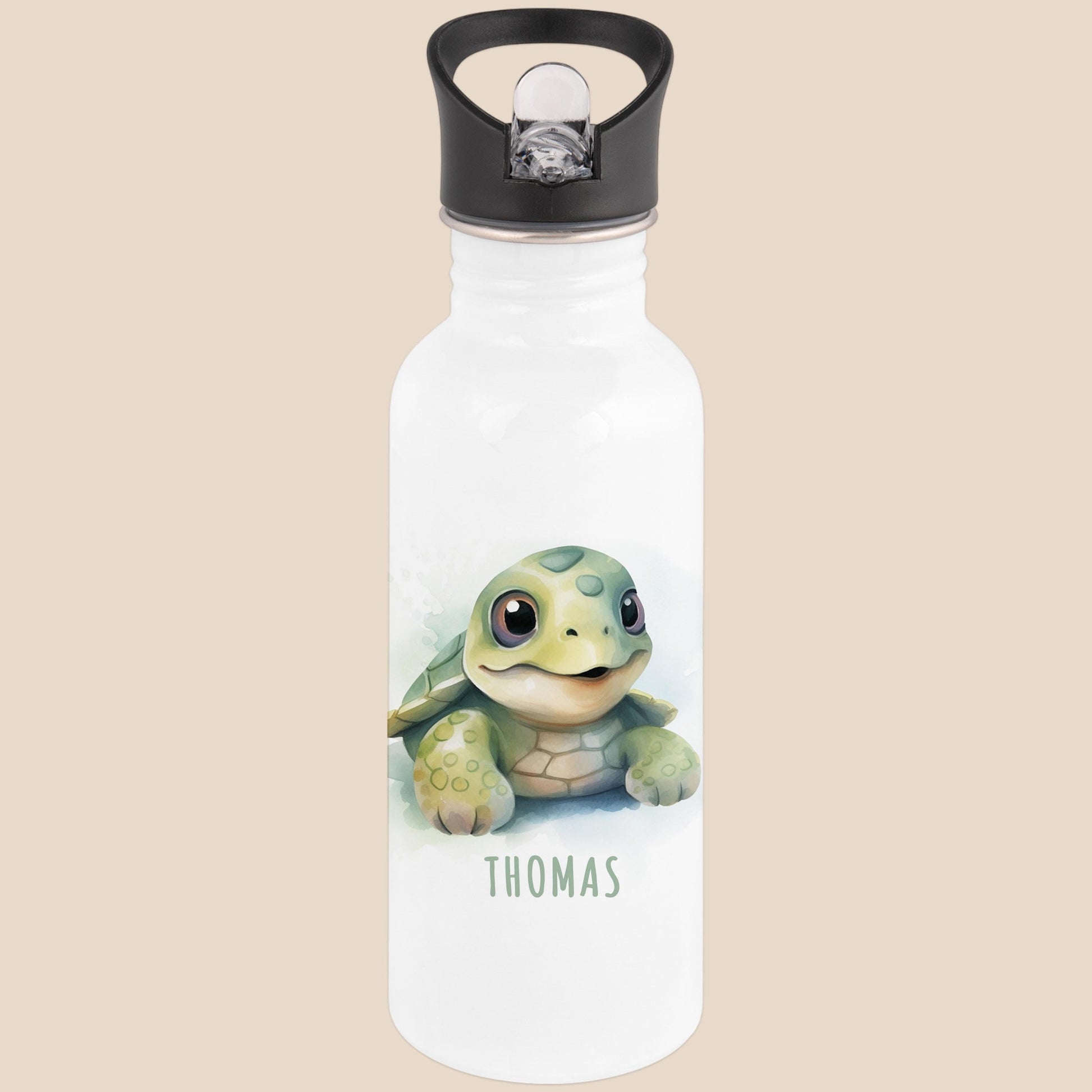Trinkflasche Kinder personalisiert mit Namen Schildkröte Edelstahl Flasche mit Strohhalm Wasserflasche für Schule Kindergarten 600 ml