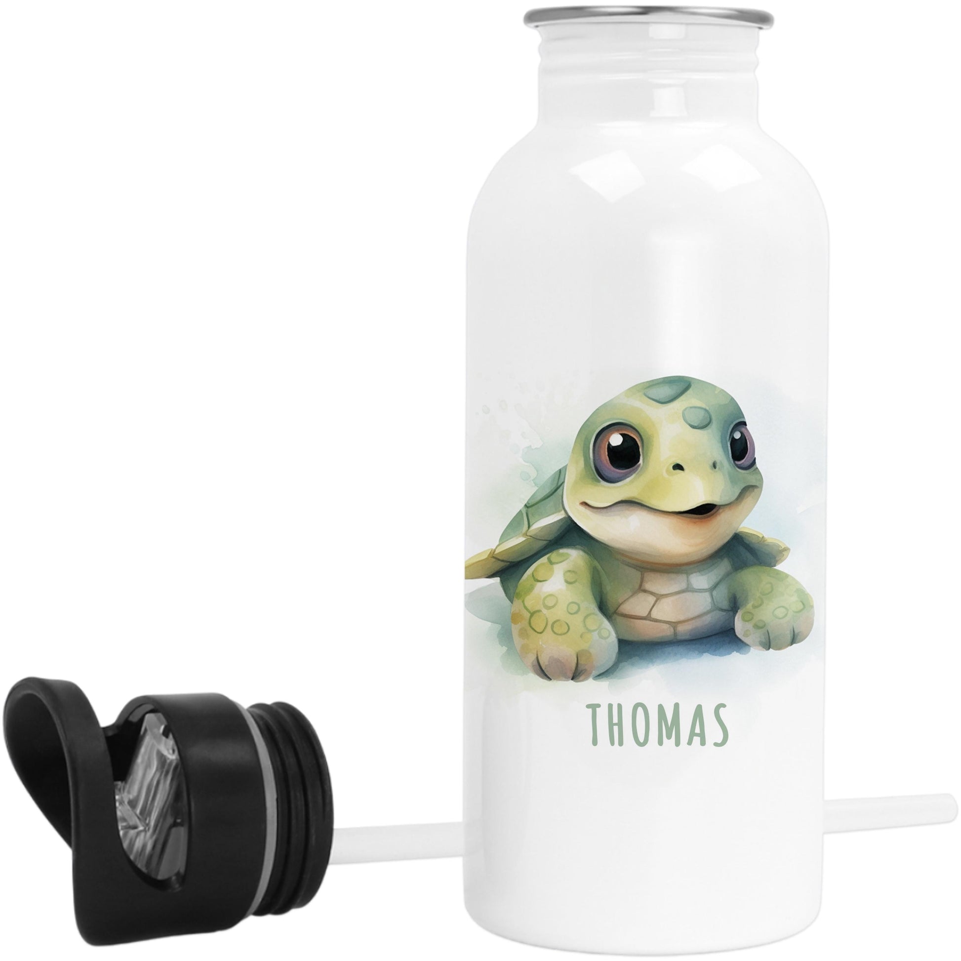 Trinkflasche Kinder personalisiert mit Namen Schildkröte Edelstahl Flasche mit Strohhalm Wasserflasche für Schule Kindergarten 600 ml