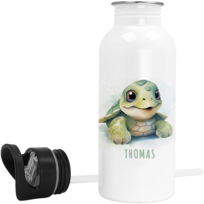 Trinkflasche Kinder personalisiert mit Namen Schildkröte Edelstahl Flasche mit Strohhalm Wasserflasche für Schule Kindergarten 600 ml