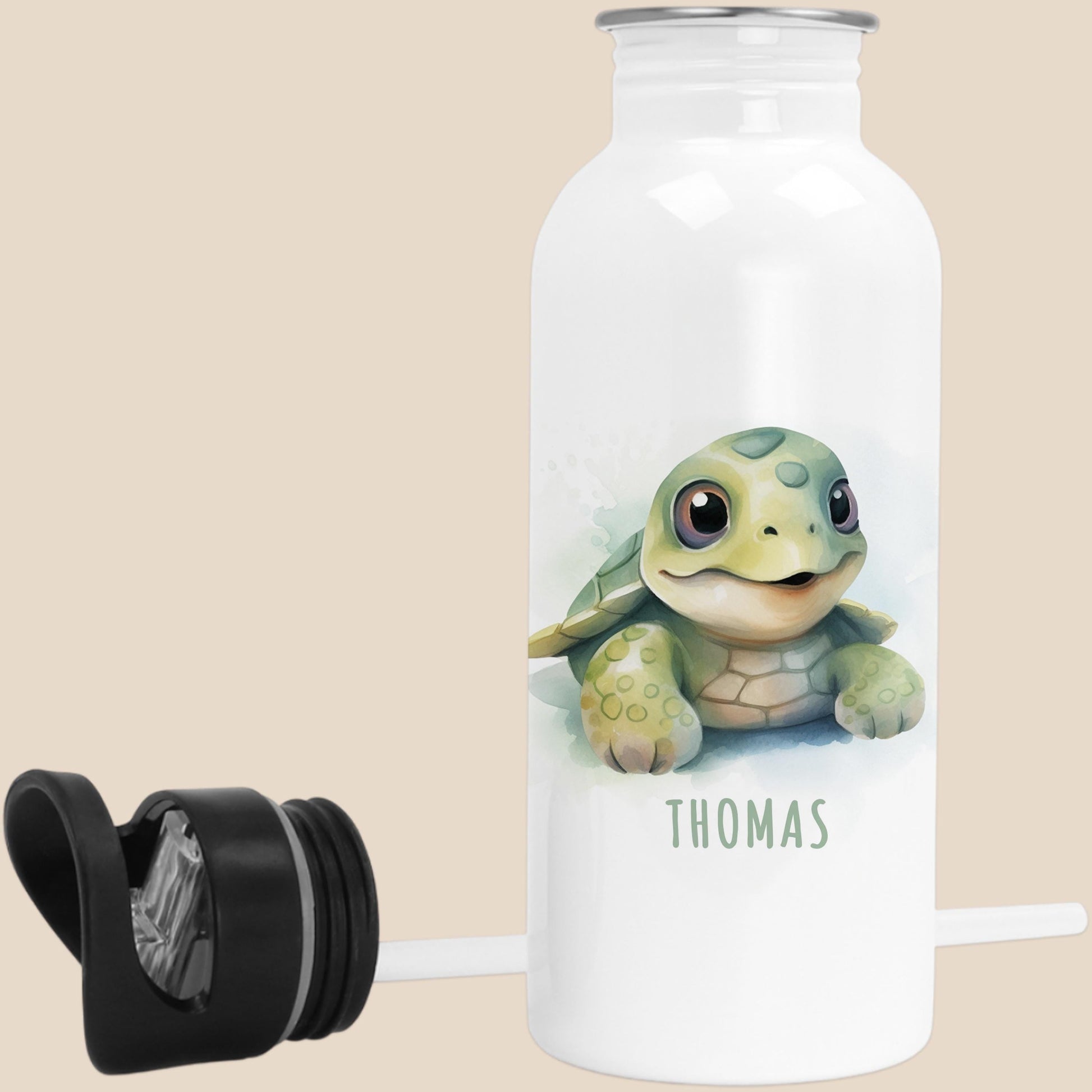 Trinkflasche Kinder personalisiert mit Namen Schildkröte Edelstahl Flasche mit Strohhalm Wasserflasche für Schule Kindergarten 600 ml