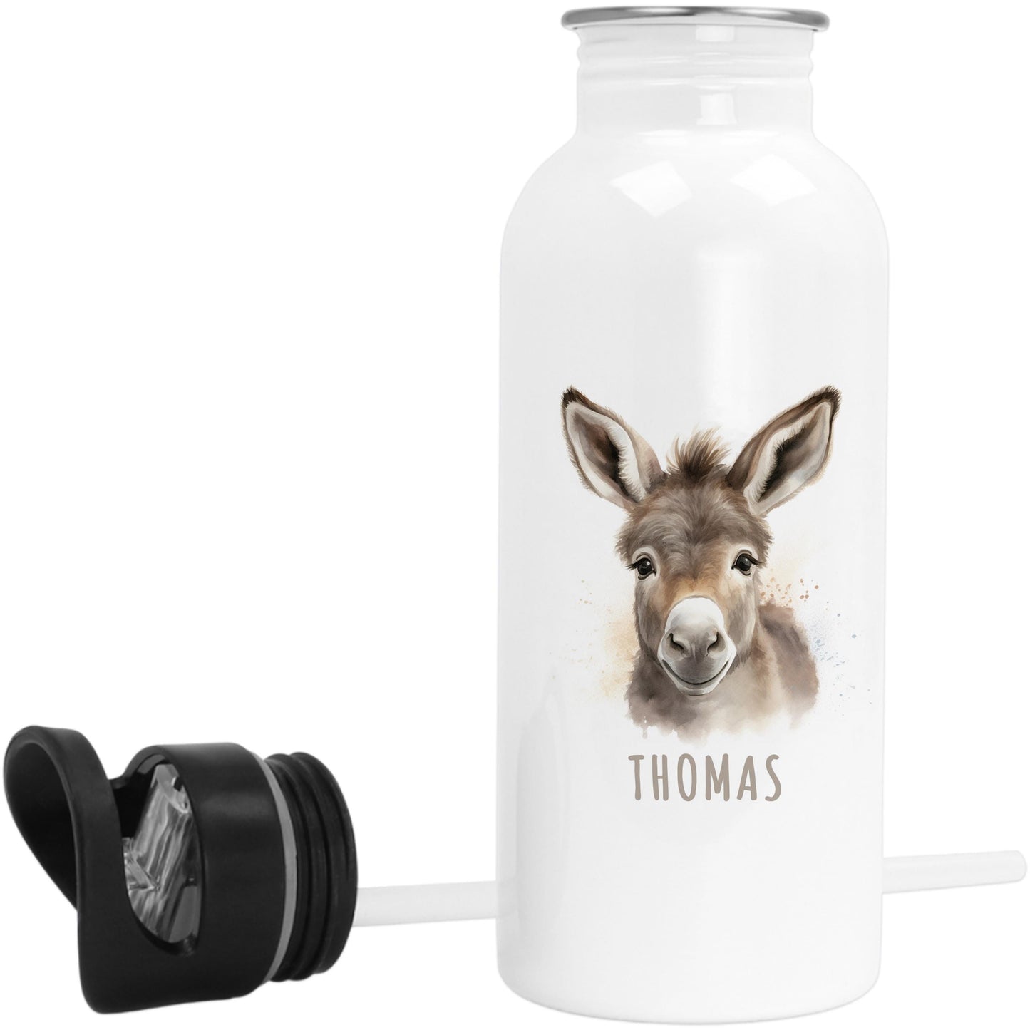 Trinkflasche Kinder personalisiert mit Namen Esel Edelstahl Flasche mit Strohhalm Wasserflasche für Schule Kindergarten 600 ml