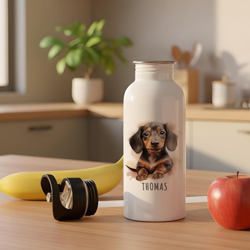 Trinkflasche Kinder personalisiert mit Namen Dackel Edelstahl Flasche mit Strohhalm Wasserflasche für Schule Kindergarten 600 ml