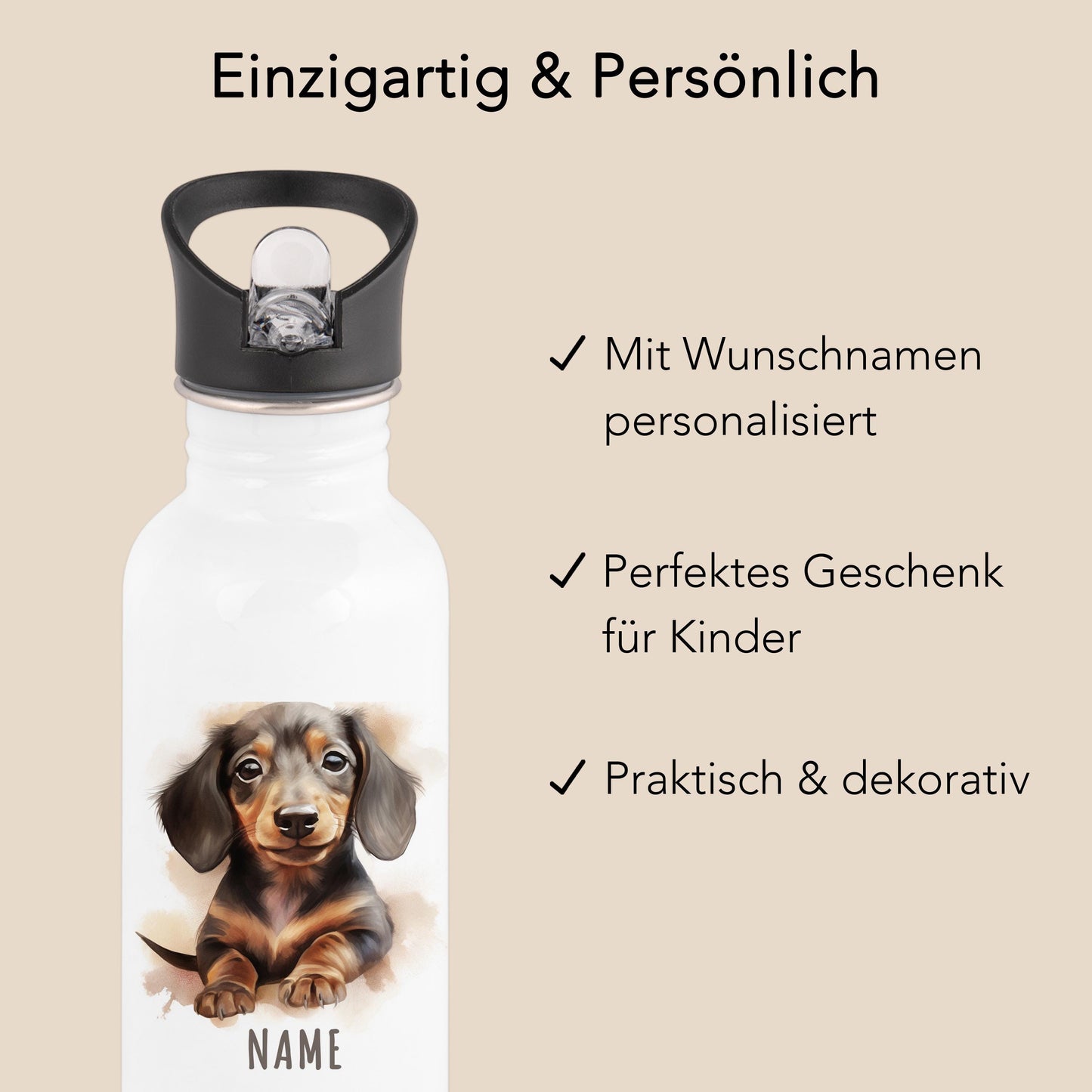 Trinkflasche Kinder personalisiert mit Namen Dackel Edelstahl Flasche mit Strohhalm Wasserflasche für Schule Kindergarten 600 ml