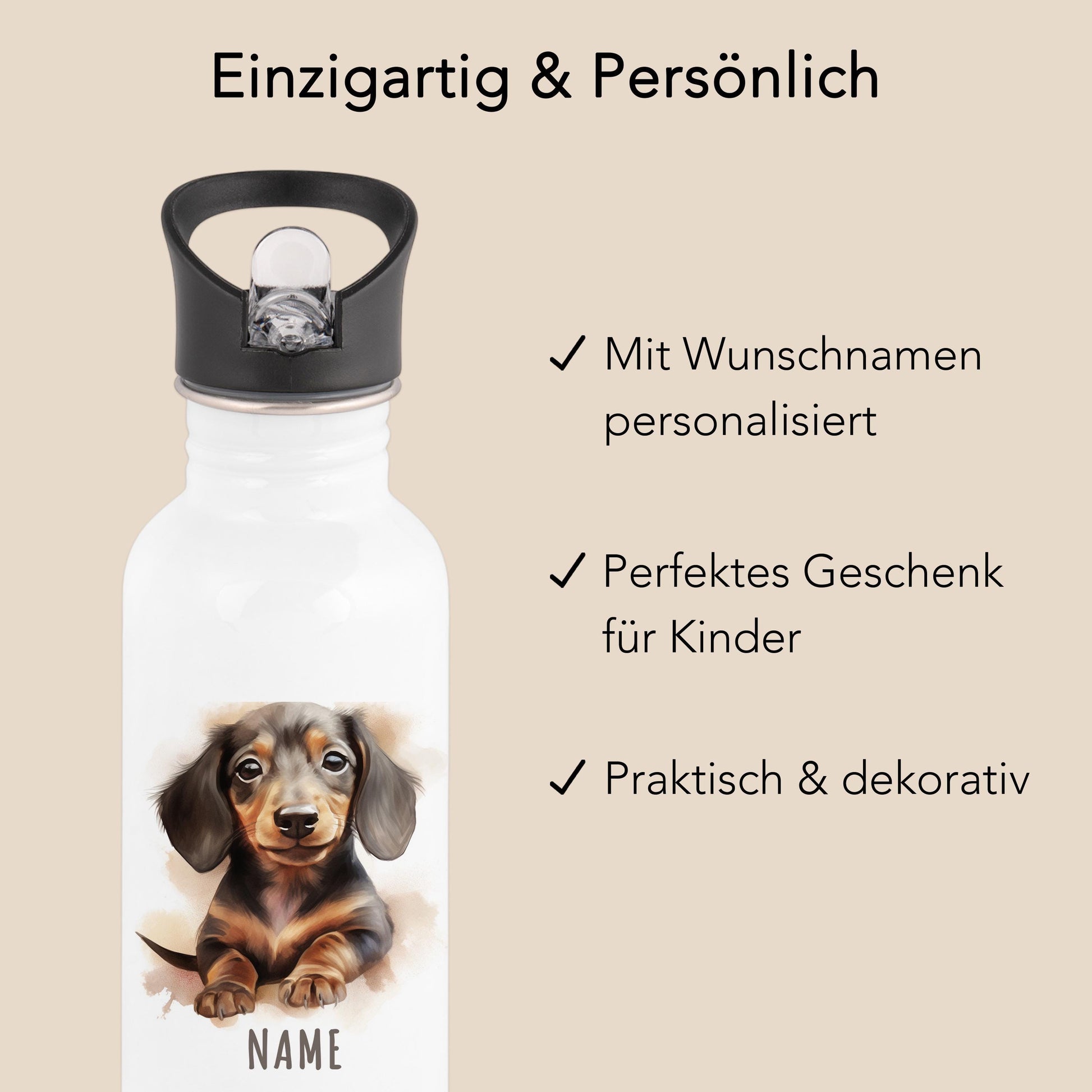 Trinkflasche Kinder personalisiert mit Namen Dackel Edelstahl Flasche mit Strohhalm Wasserflasche für Schule Kindergarten 600 ml