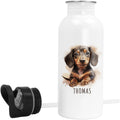 Trinkflasche Kinder personalisiert mit Namen Dackel Edelstahl Flasche mit Strohhalm Wasserflasche für Schule Kindergarten 600 ml