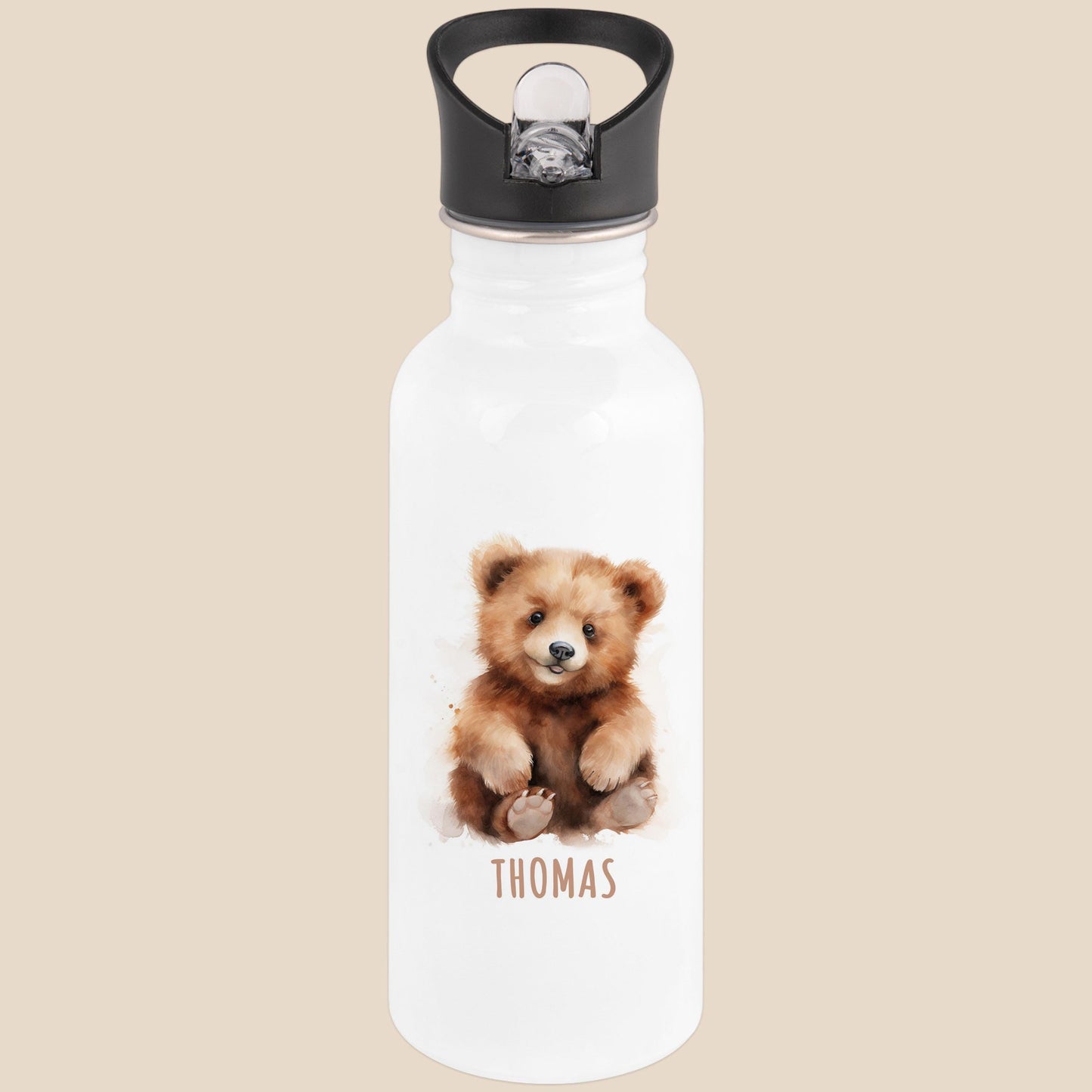 Trinkflasche Kinder personalisiert mit Namen Bäre Edelstahl Flasche mit Strohhalm Wasserflasche für Schule Kindergarten 600 ml