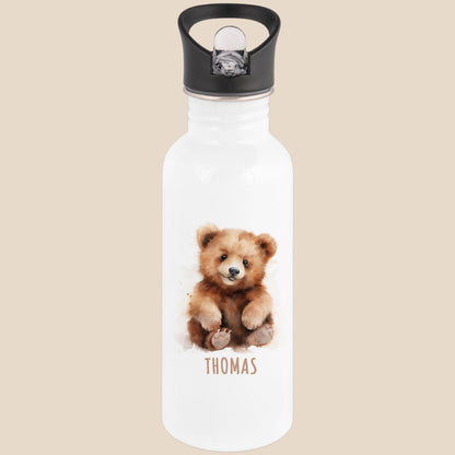 Trinkflasche Kinder personalisiert mit Namen Bäre Edelstahl Flasche mit Strohhalm Wasserflasche für Schule Kindergarten 600 ml