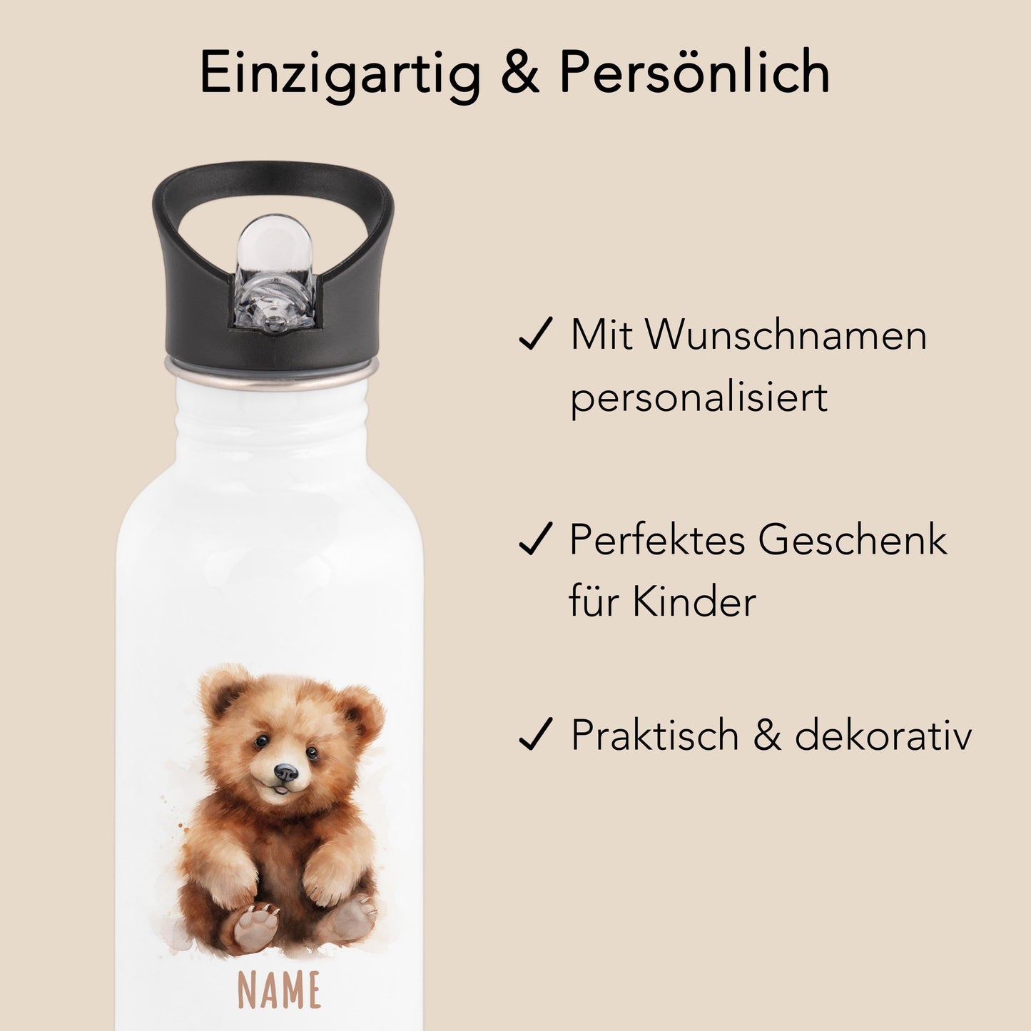 Trinkflasche Kinder personalisiert mit Namen Bäre Edelstahl Flasche mit Strohhalm Wasserflasche für Schule Kindergarten 600 ml