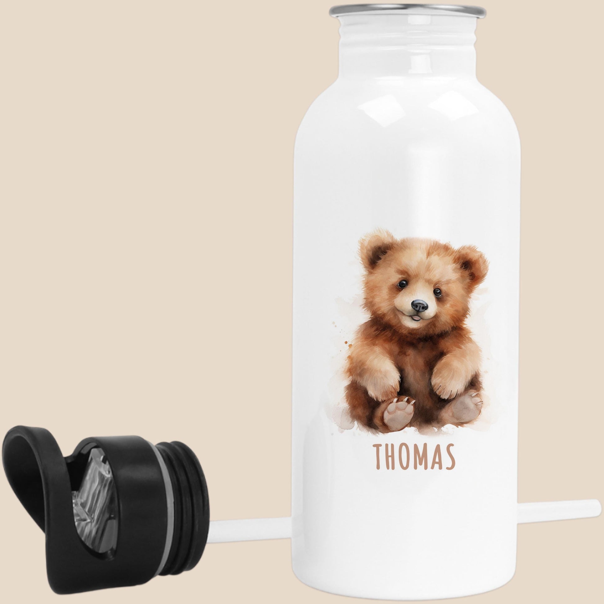 Trinkflasche Kinder personalisiert mit Namen Bäre Edelstahl Flasche mit Strohhalm Wasserflasche für Schule Kindergarten 600 ml
