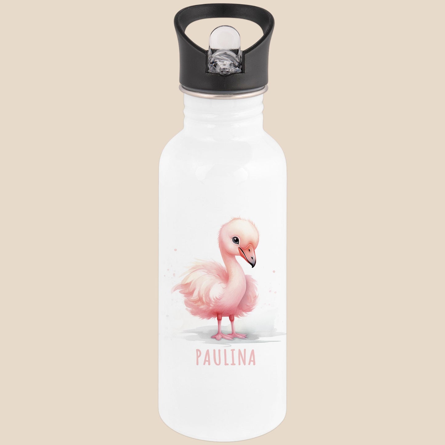 Trinkflasche Kinder personalisiert mit Namen Flamingo Edelstahl Flasche mit Strohhalm Wasserflasche für Schule Kindergarten 600 ml