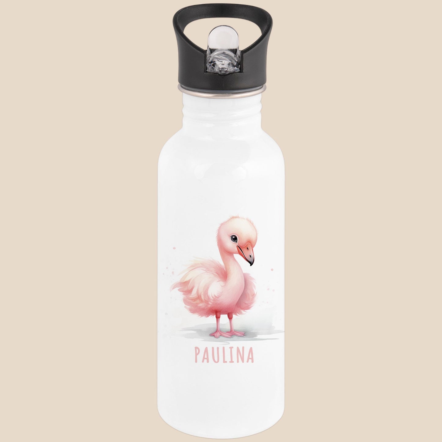 Trinkflasche Kinder personalisiert mit Namen Flamingo Edelstahl Flasche mit Strohhalm Wasserflasche für Schule Kindergarten 600 ml