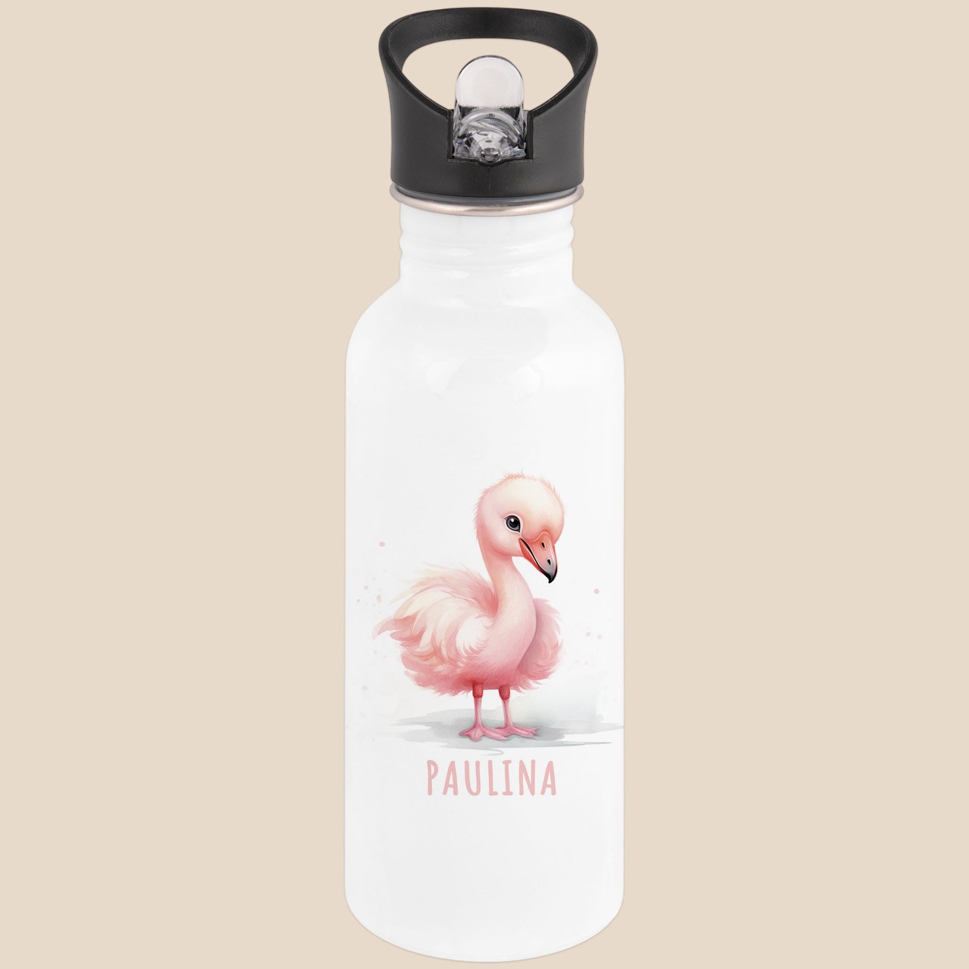 Trinkflasche Kinder personalisiert mit Namen Flamingo Edelstahl Flasche mit Strohhalm Wasserflasche für Schule Kindergarten 600 ml