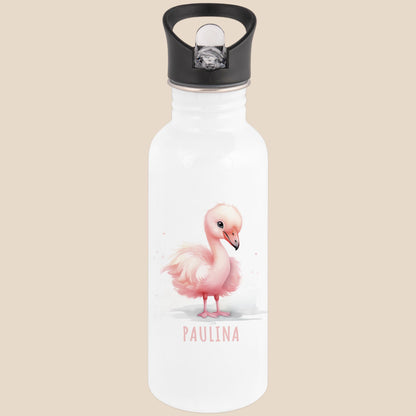 Trinkflasche Kinder personalisiert mit Namen Flamingo Edelstahl Flasche mit Strohhalm Wasserflasche für Schule Kindergarten 600 ml