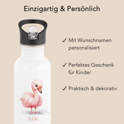 Trinkflasche Kinder personalisiert mit Namen Flamingo Edelstahl Flasche mit Strohhalm Wasserflasche für Schule Kindergarten 600 ml