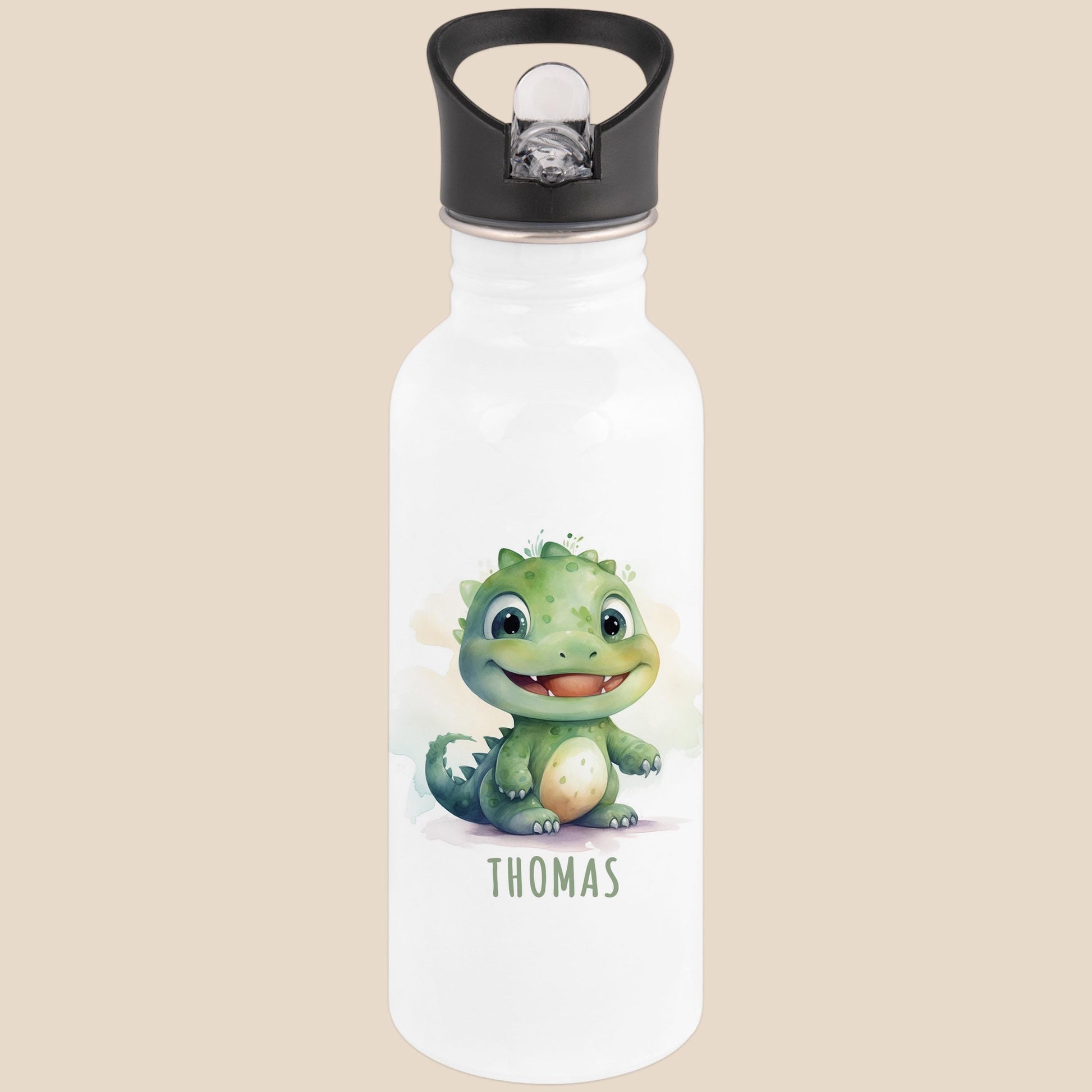 Trinkflasche Kinder personalisiert mit Namen Dino Edelstahl Flasche mit Strohhalm Wasserflasche für Schule Kindergarten 600 ml