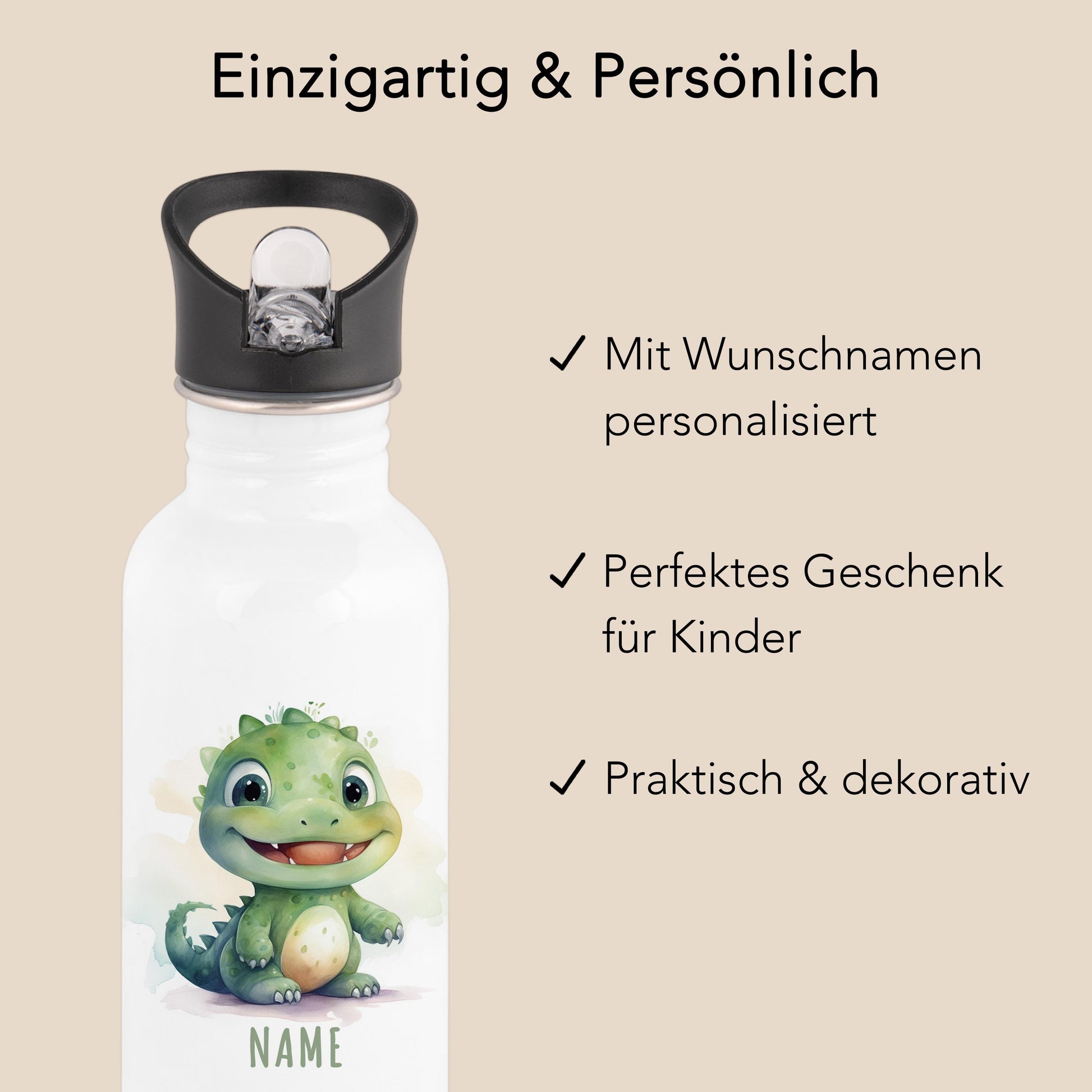 Trinkflasche Kinder personalisiert mit Namen Dino Edelstahl Flasche mit Strohhalm Wasserflasche für Schule Kindergarten 600 ml